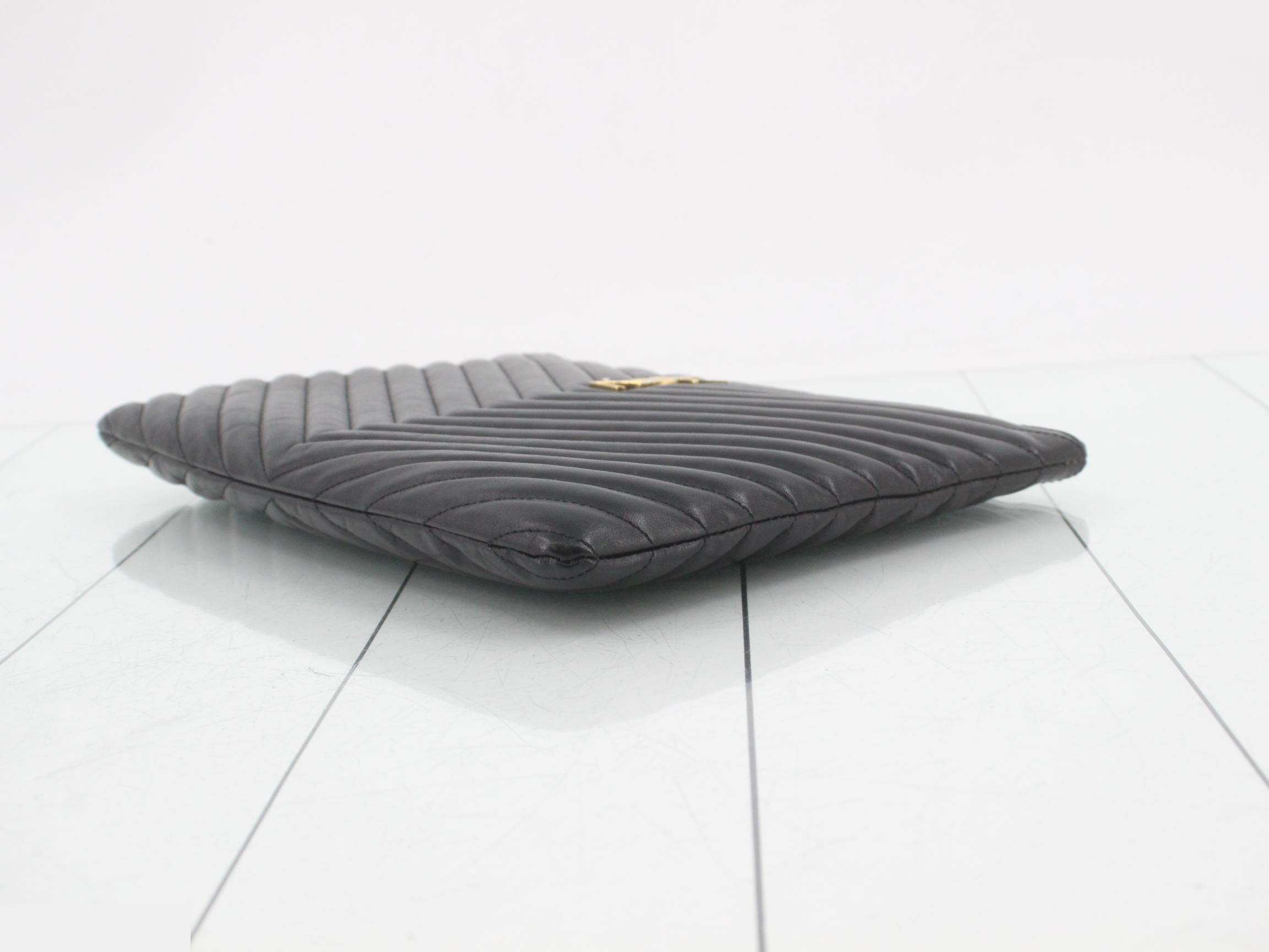 Leather V-Stitch Clutch Bag, Black — view 6