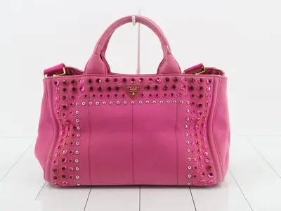 Denim Canapa 2-way tote bag with beaded studs, pink, gold hardware.