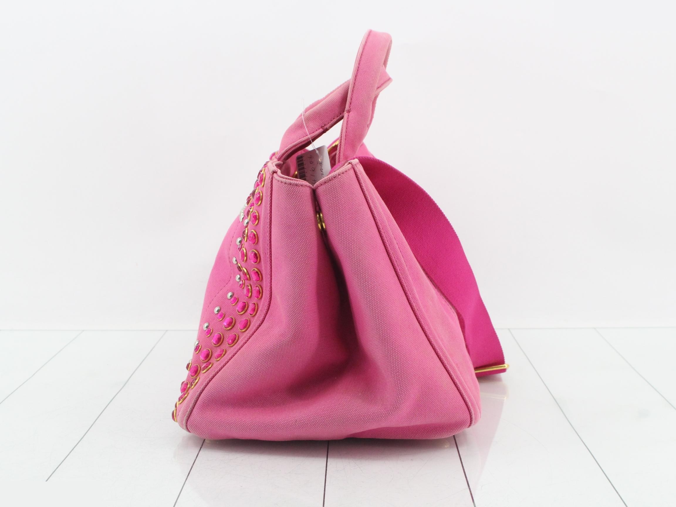 Denim Canapa 2-way tote bag with beaded studs, pink, gold hardware. — view 3