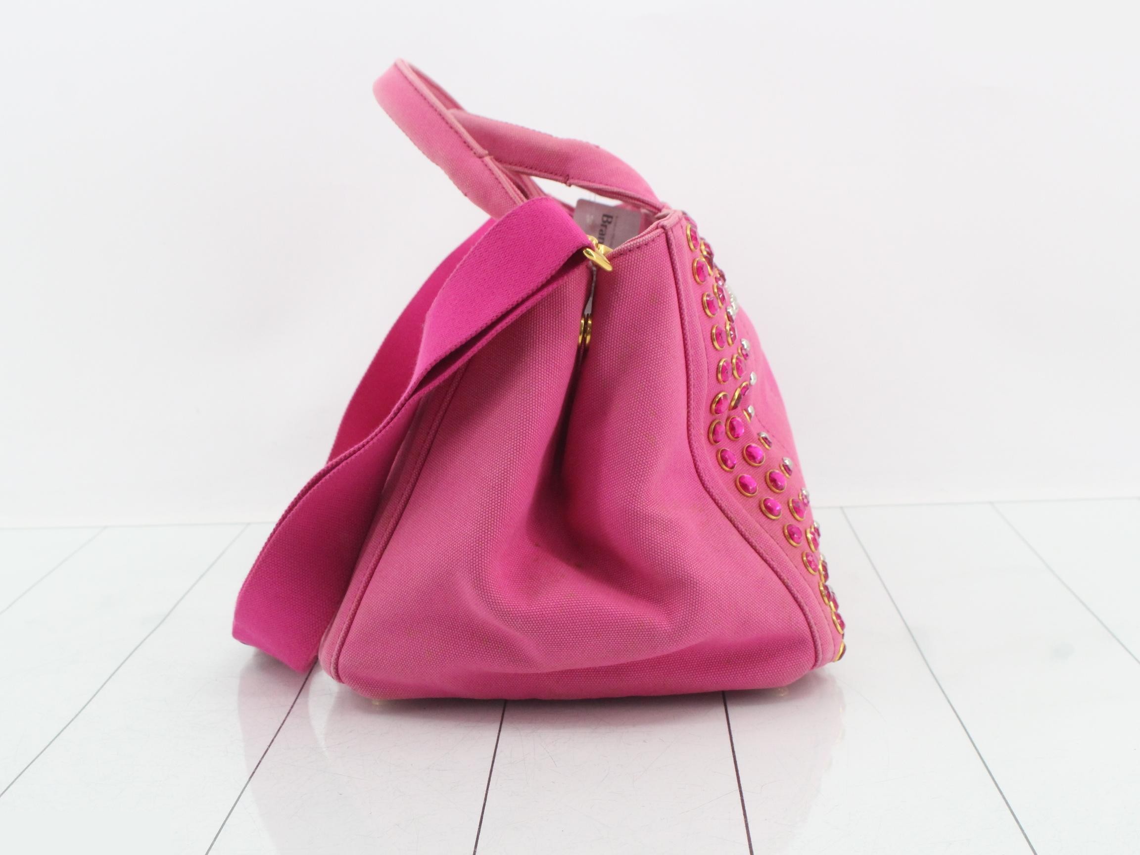 Denim Canapa 2-way tote bag with beaded studs, pink, gold hardware. — view 4