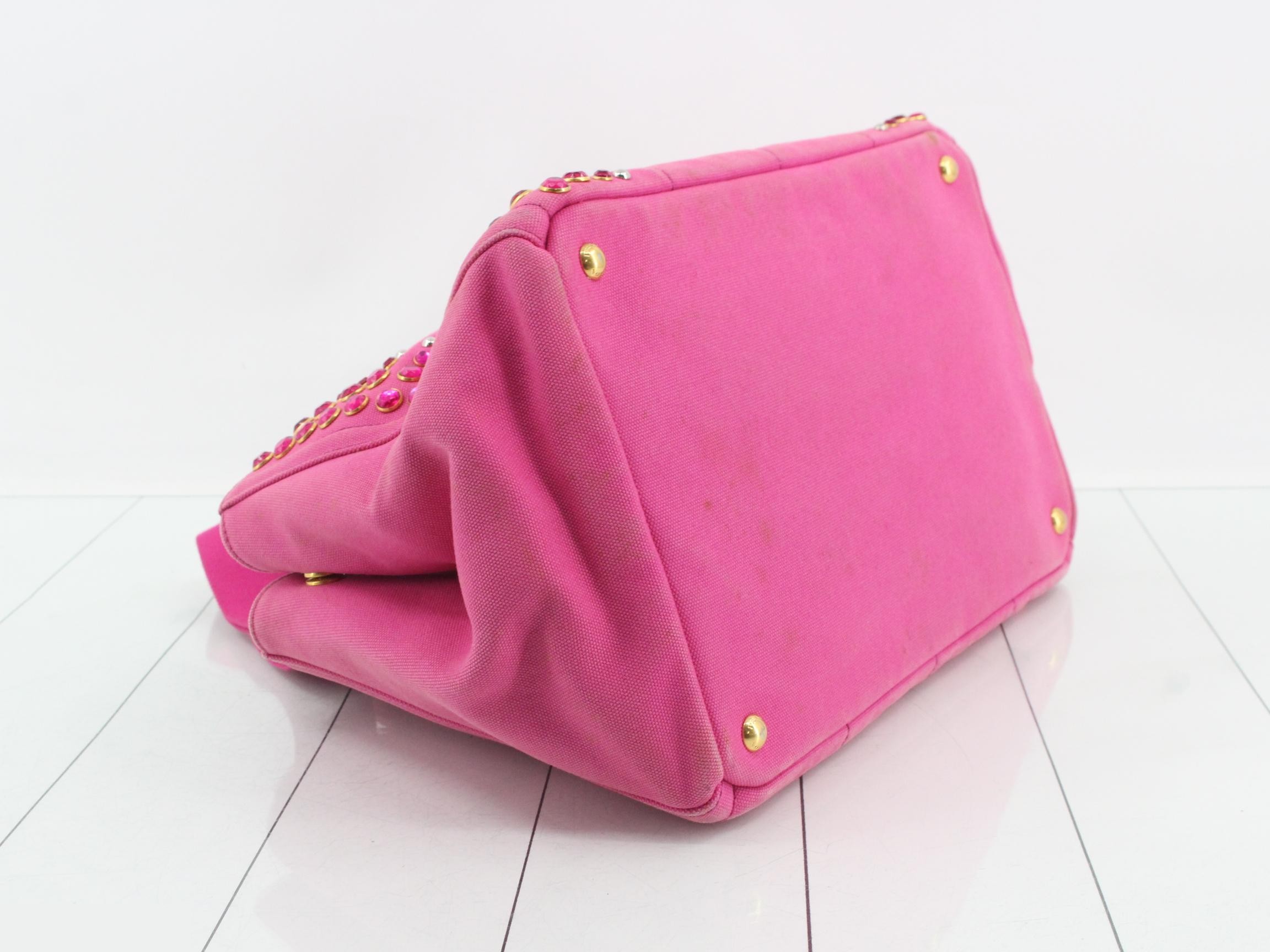 Denim Canapa 2-way tote bag with beaded studs, pink, gold hardware. — view 5