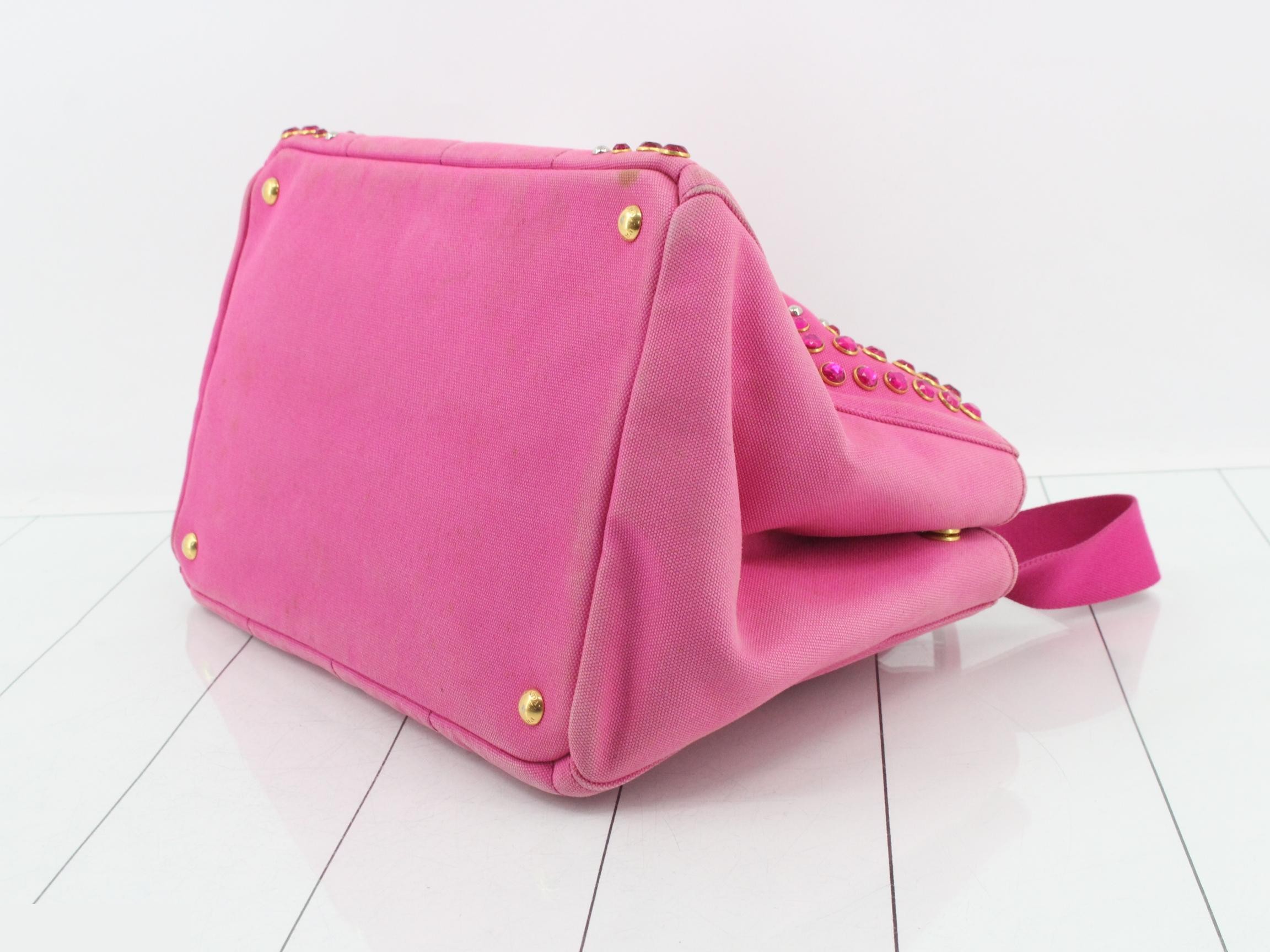 Denim Canapa 2-way tote bag with beaded studs, pink, gold hardware. — view 6