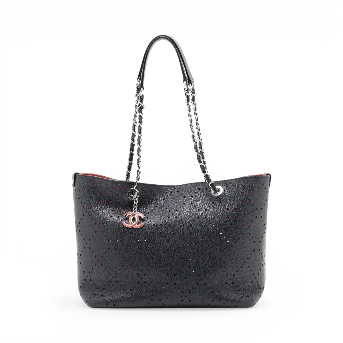 Coco Mark Perforated Leather Chain Tote Bag, Black with Silver Hardware, Item Number 23835648 (Serial Number 23)