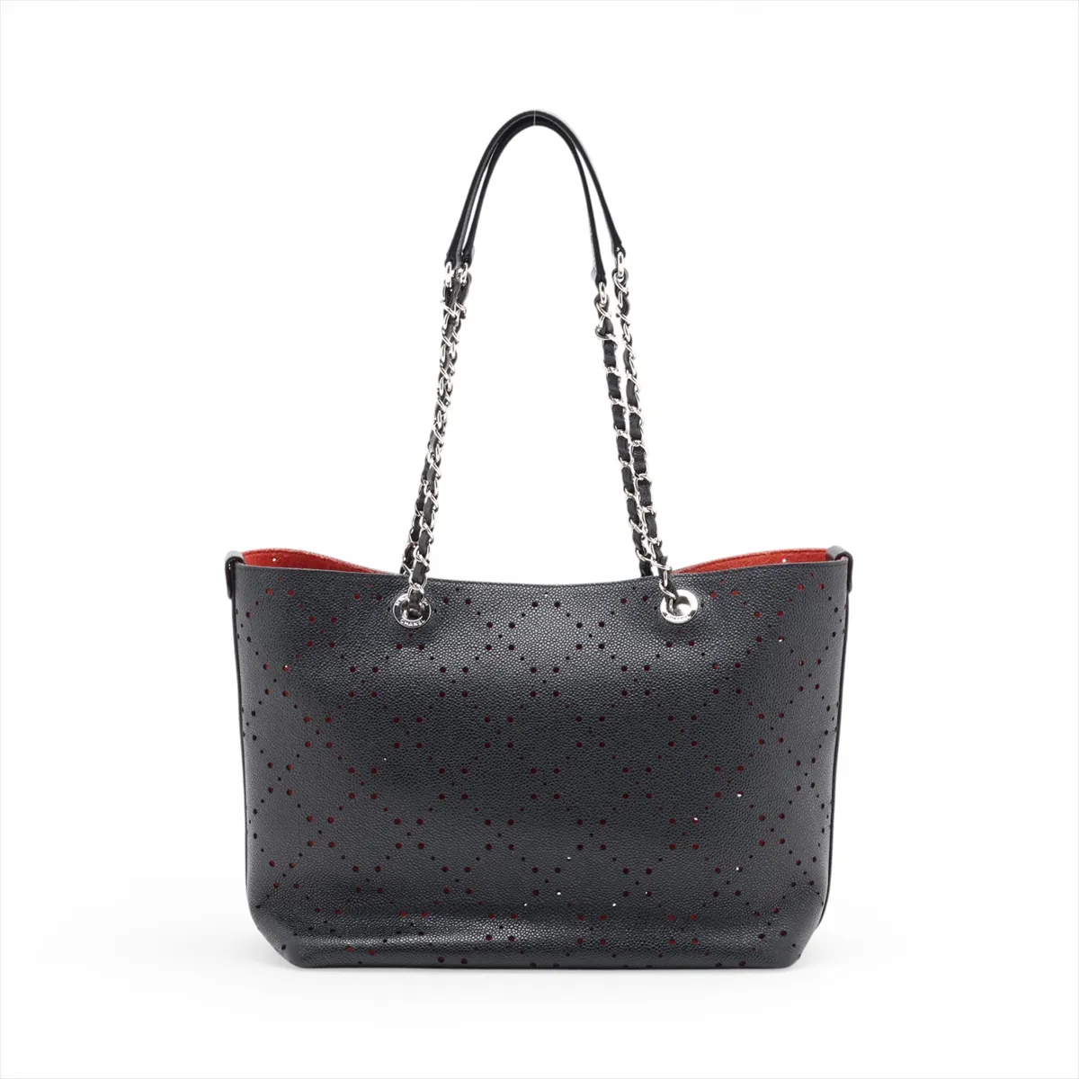 Coco Mark Perforated Leather Chain Tote Bag, Black with Silver Hardware, Item Number 23835648 (Serial Number 23) — view 2