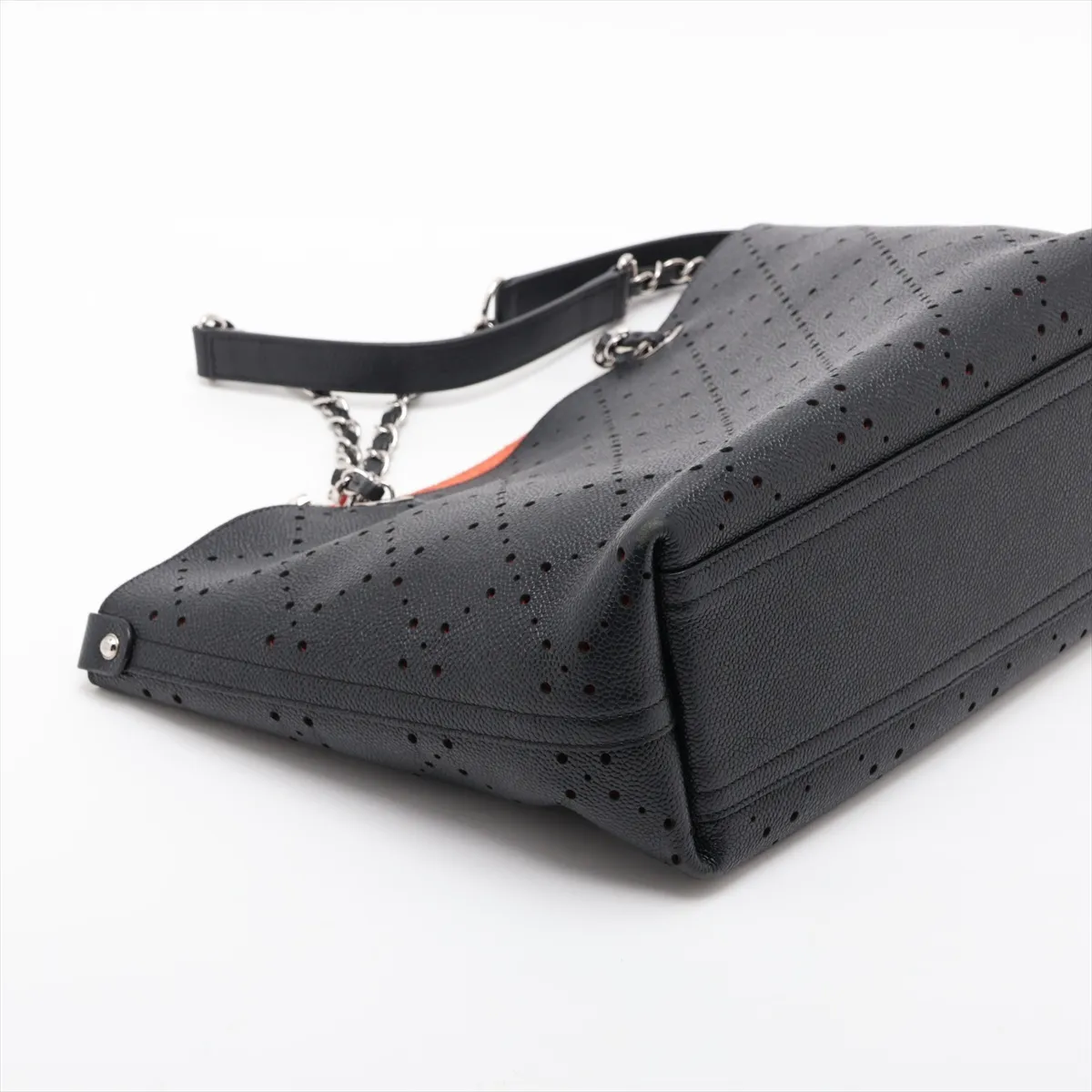 Coco Mark Perforated Leather Chain Tote Bag, Black with Silver Hardware, Item Number 23835648 (Serial Number 23) — view 4