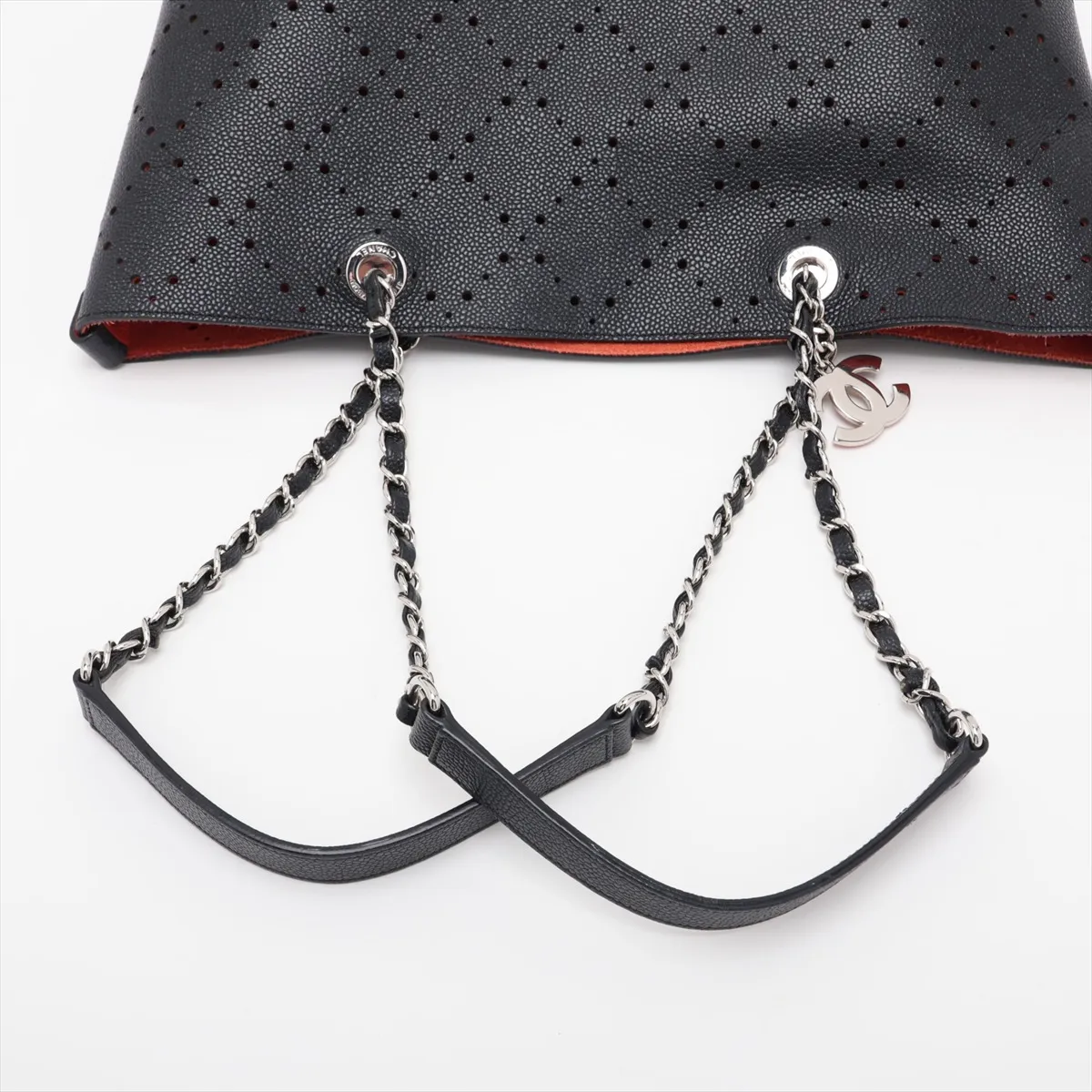 Coco Mark Perforated Leather Chain Tote Bag, Black with Silver Hardware, Item Number 23835648 (Serial Number 23) — view 5