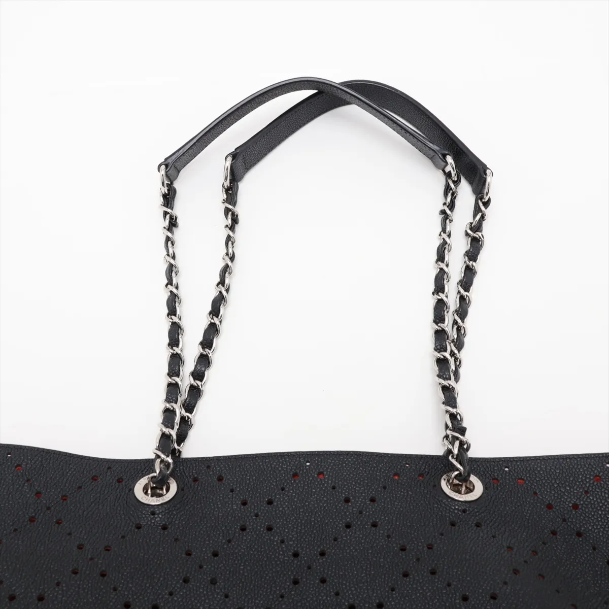 Coco Mark Perforated Leather Chain Tote Bag, Black with Silver Hardware, Item Number 23835648 (Serial Number 23) — view 6
