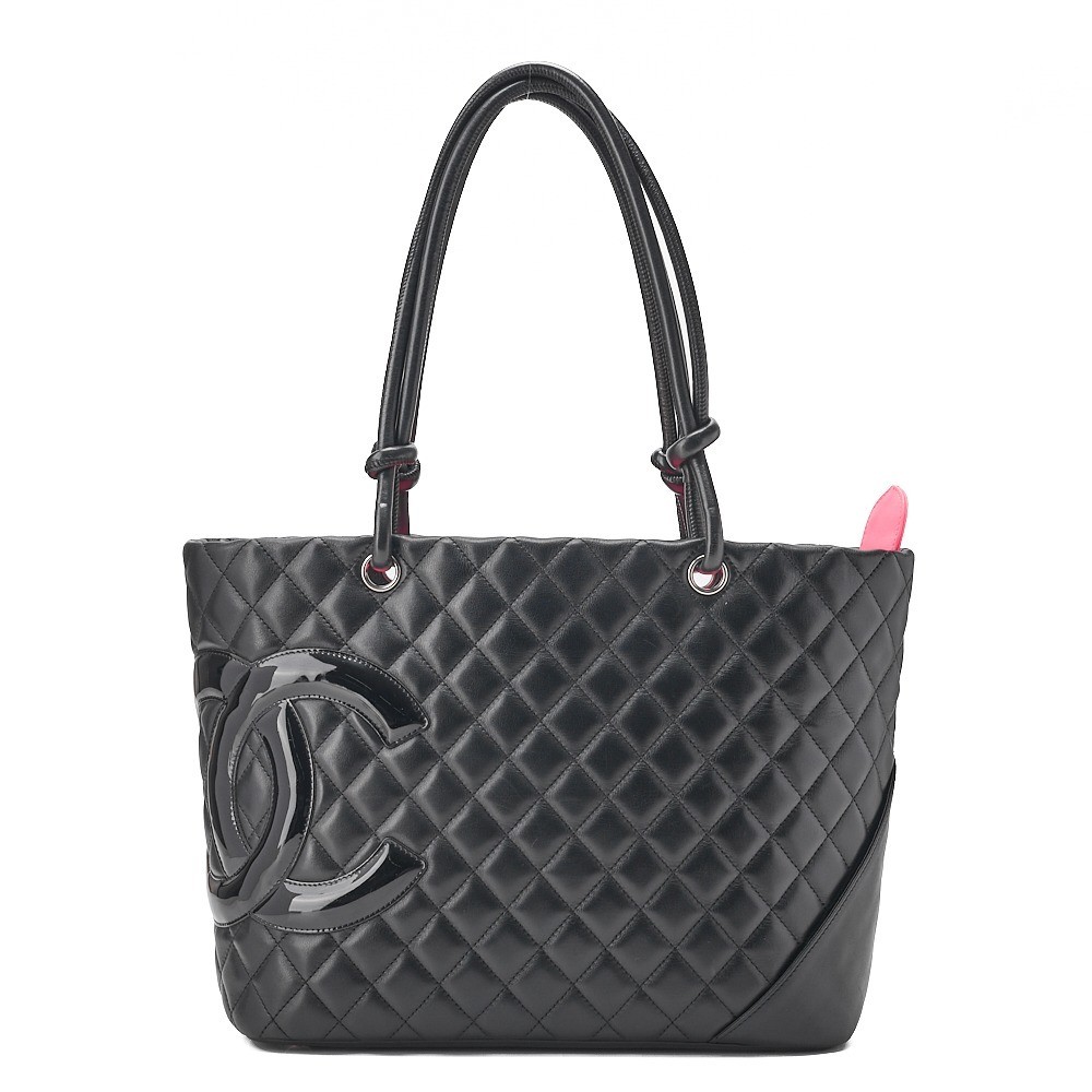 Calf leather x enamel Cambon line tote bag, black x black