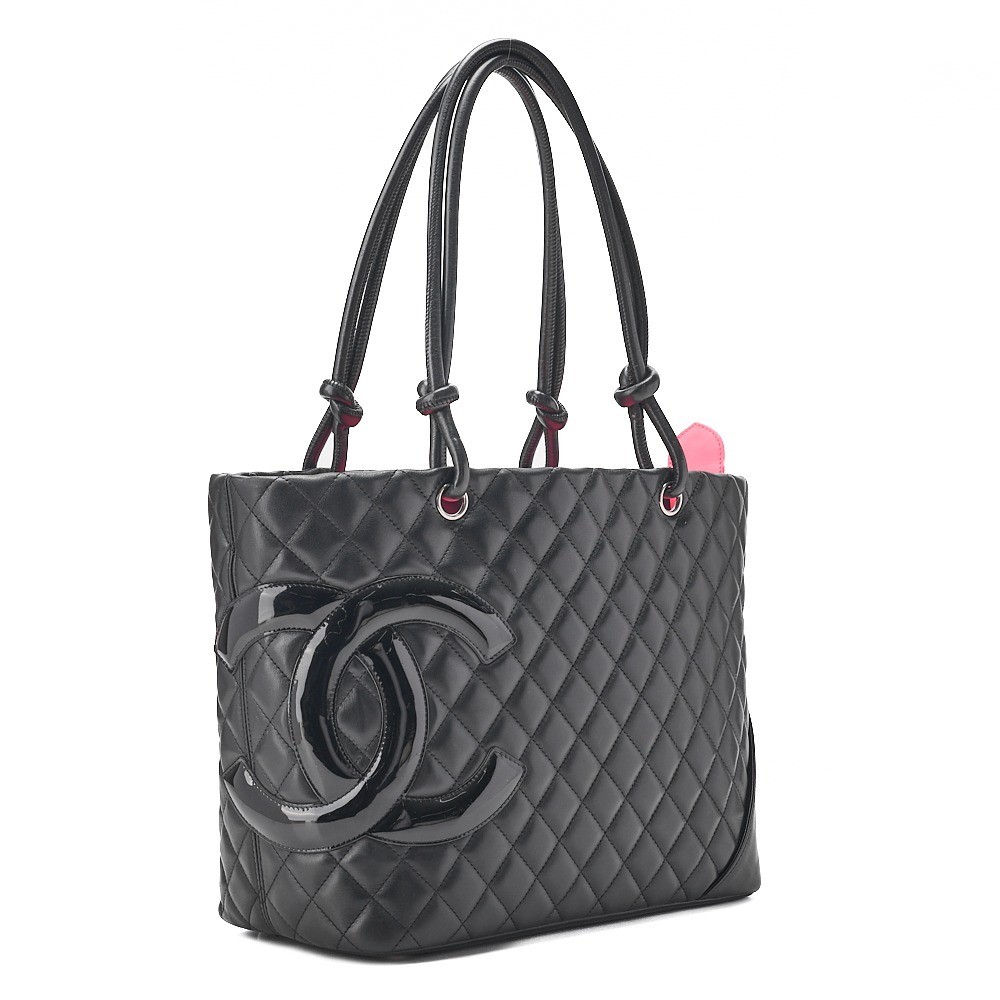 Calf leather x enamel Cambon line tote bag, black x black — view 3