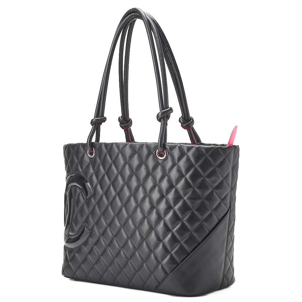 Calf leather x enamel Cambon line tote bag, black x black — view 4