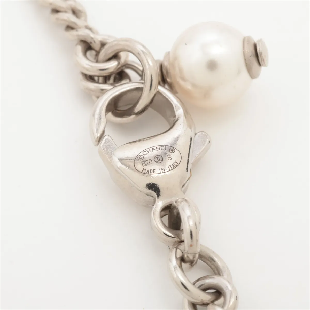 Coco Mark B20S Necklace, GP x Rhinestone x Faux Pearl, Silver. Shows — view 4