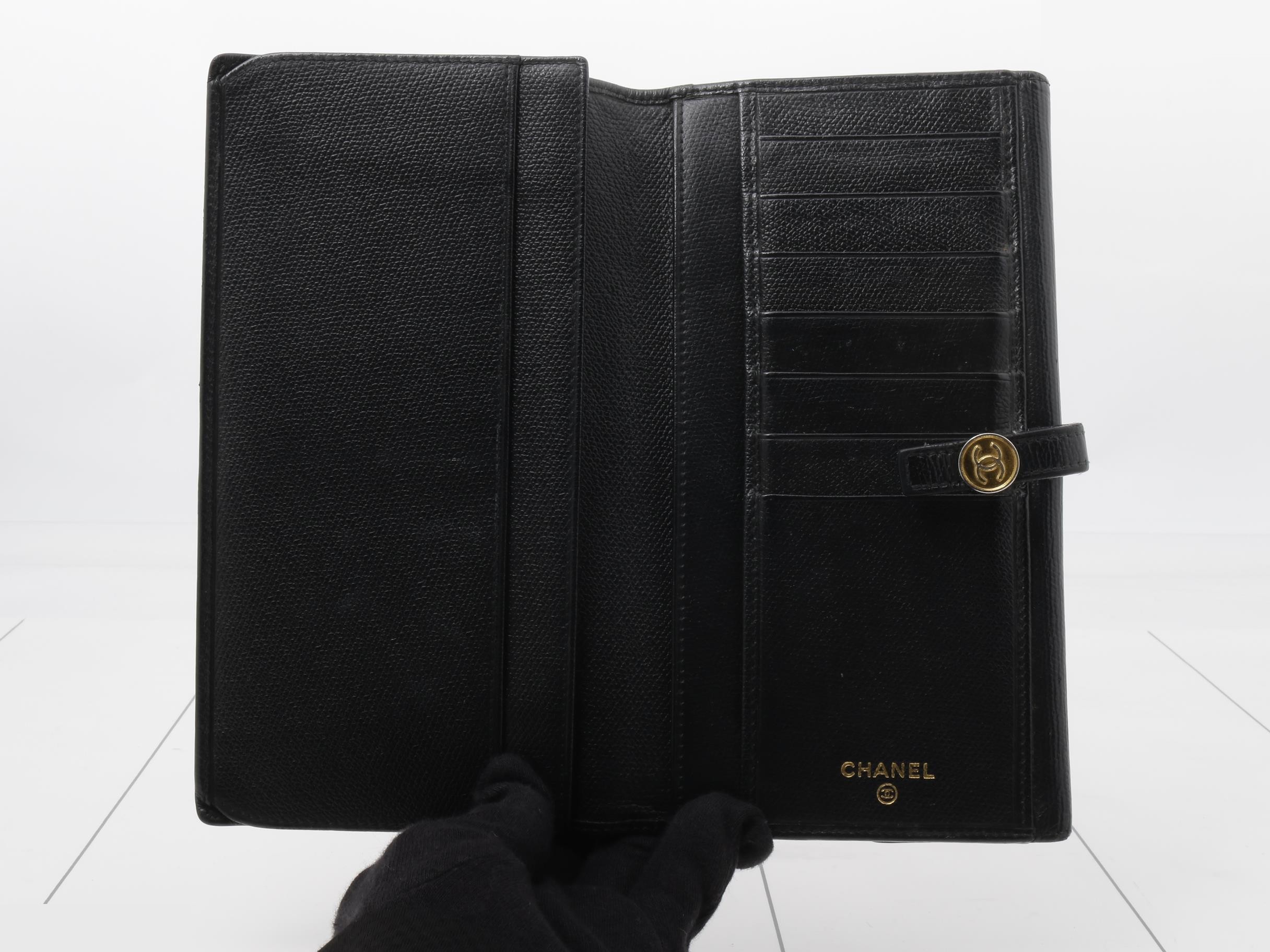 Coco Button Caviar Skin Bi-fold Long Wallet, Black — view 4