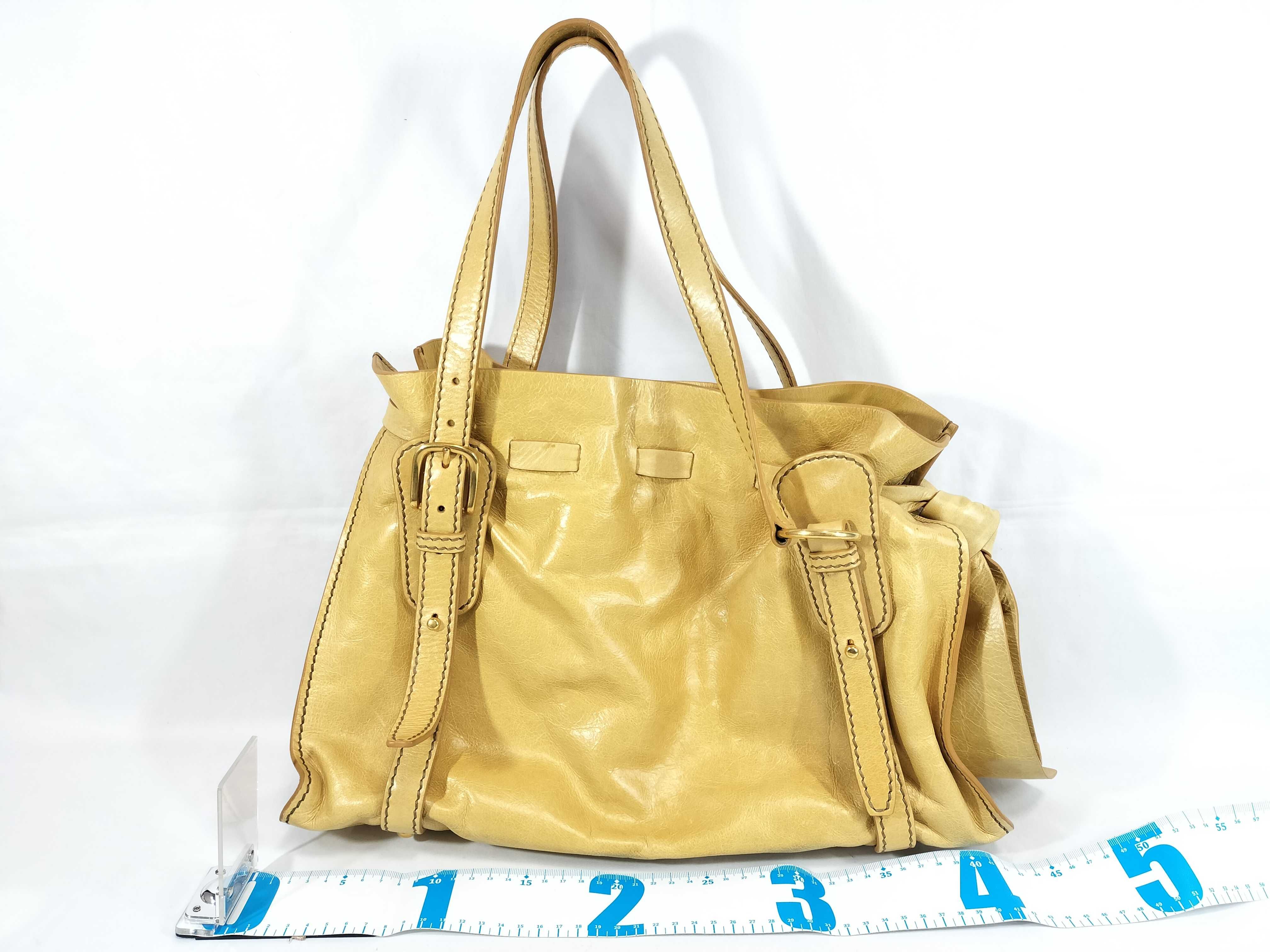tote bag with side ribbon, yellow leather tote bag — view 2