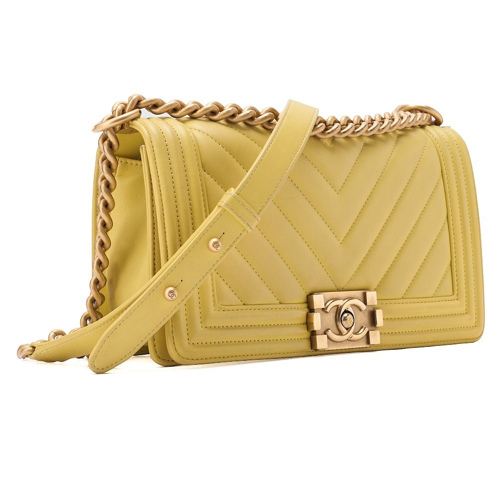 Lambskin V-stitch Boy Chanel 25 Chain Shoulder Bag - Yellow — view 3