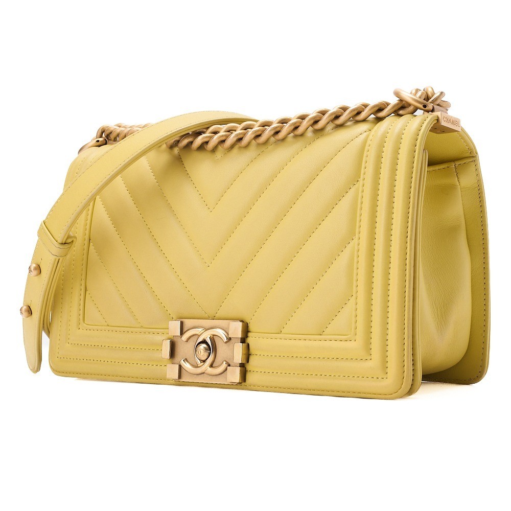 Lambskin V-stitch Boy Chanel 25 Chain Shoulder Bag - Yellow — view 4