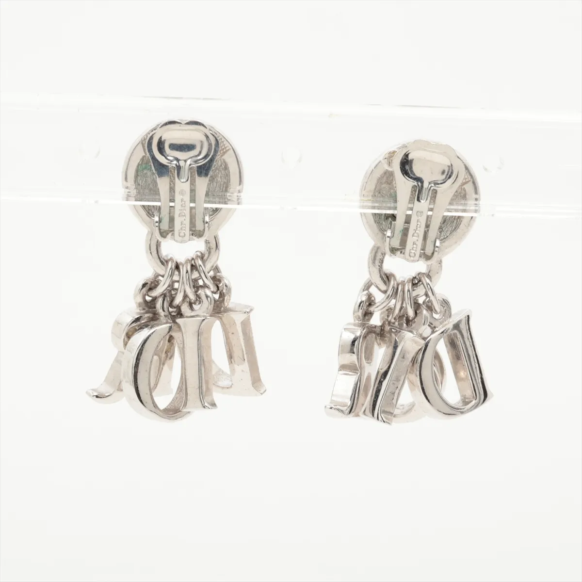 logo earrings (for both ears), metal and rhinestone, silver. Shows signs of wear, — view 2