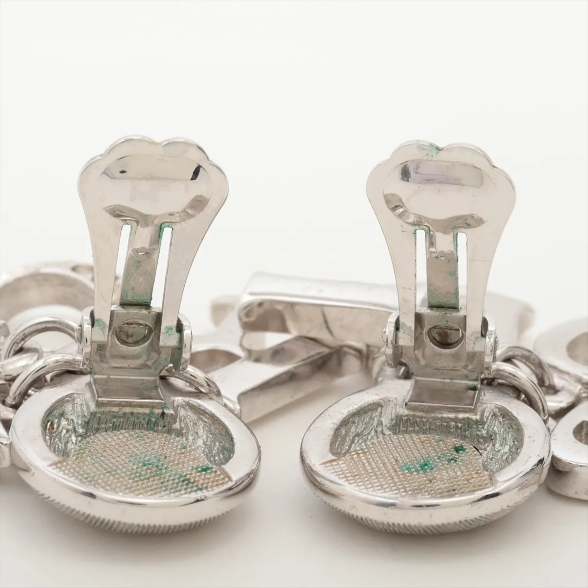 logo earrings (for both ears), metal and rhinestone, silver. Shows signs of wear, — view 4