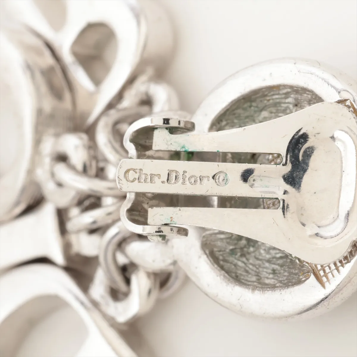 logo earrings (for both ears), metal and rhinestone, silver. Shows signs of wear, — view 5