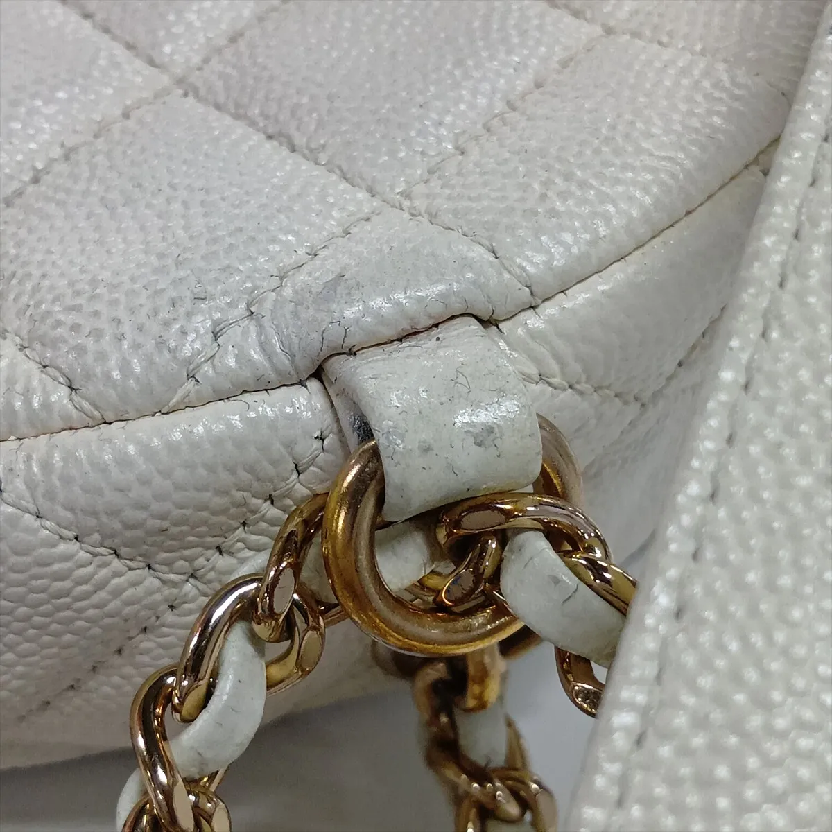 Matelassé Caviar Skin Chain Backpack, White with Gold Hardware, 26924266 (Serial Number 26) — view 13