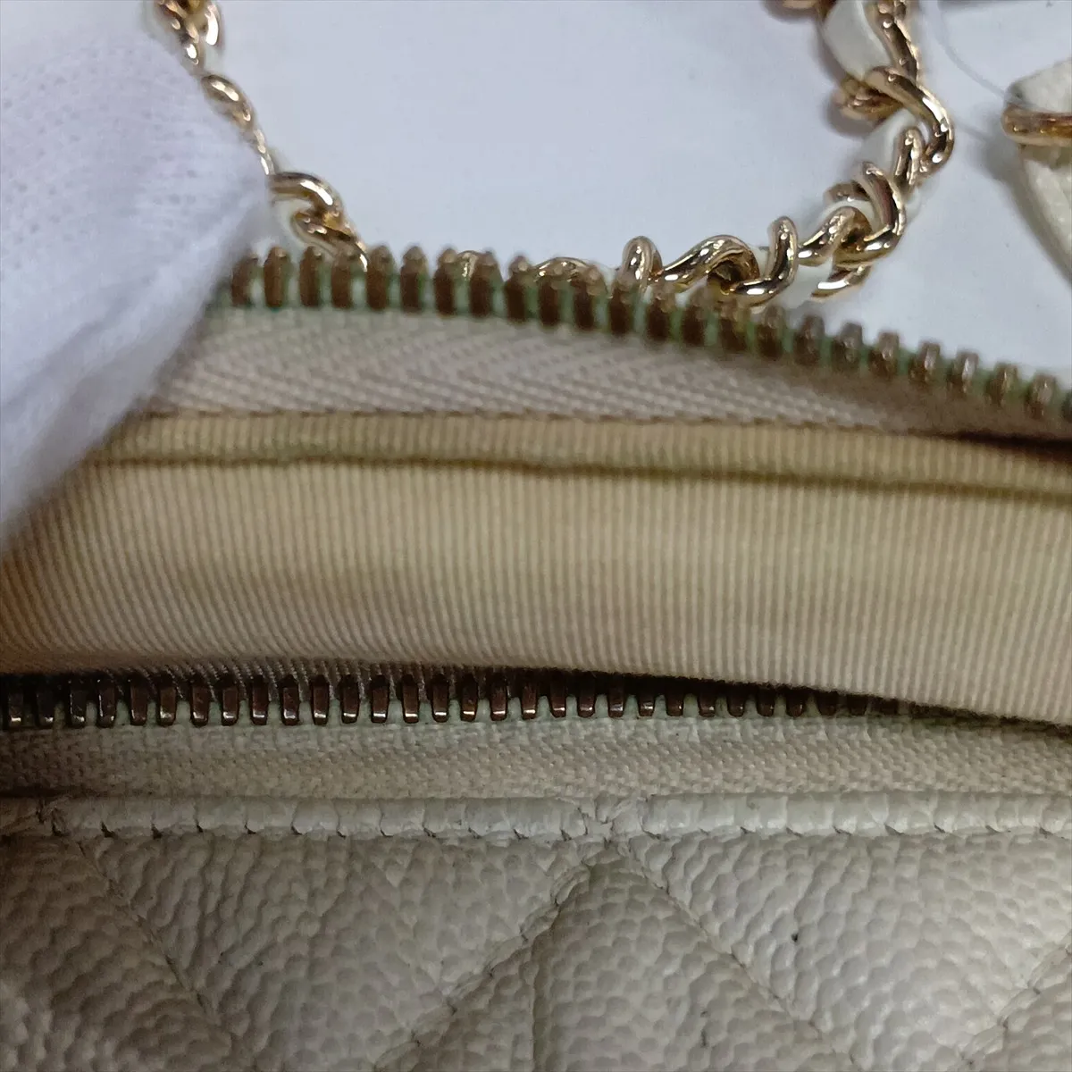 Matelassé Caviar Skin Chain Backpack, White with Gold Hardware, 26924266 (Serial Number 26) — view 15