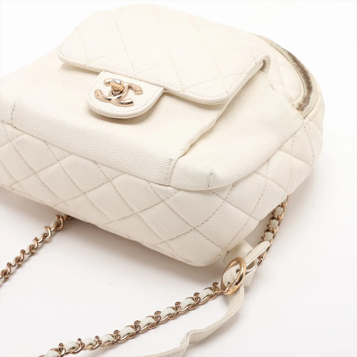 Matelassé Caviar Skin Chain Backpack, White with Gold Hardware, 26924266 (Serial Number 26) — view 3