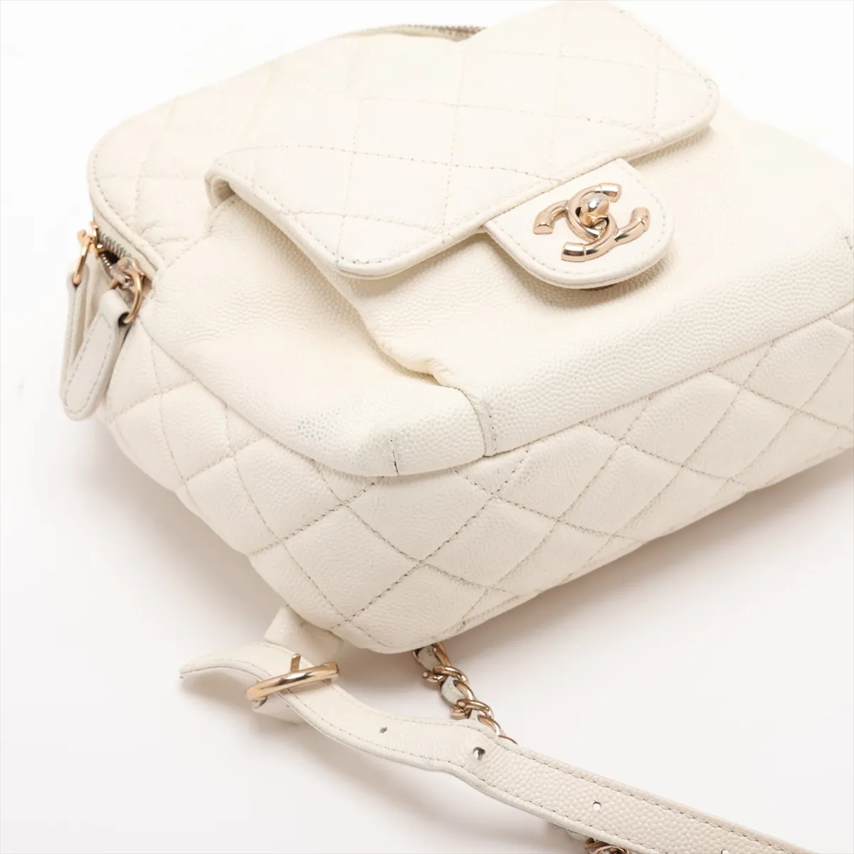 Matelassé Caviar Skin Chain Backpack, White with Gold Hardware, 26924266 (Serial Number 26) — view 4