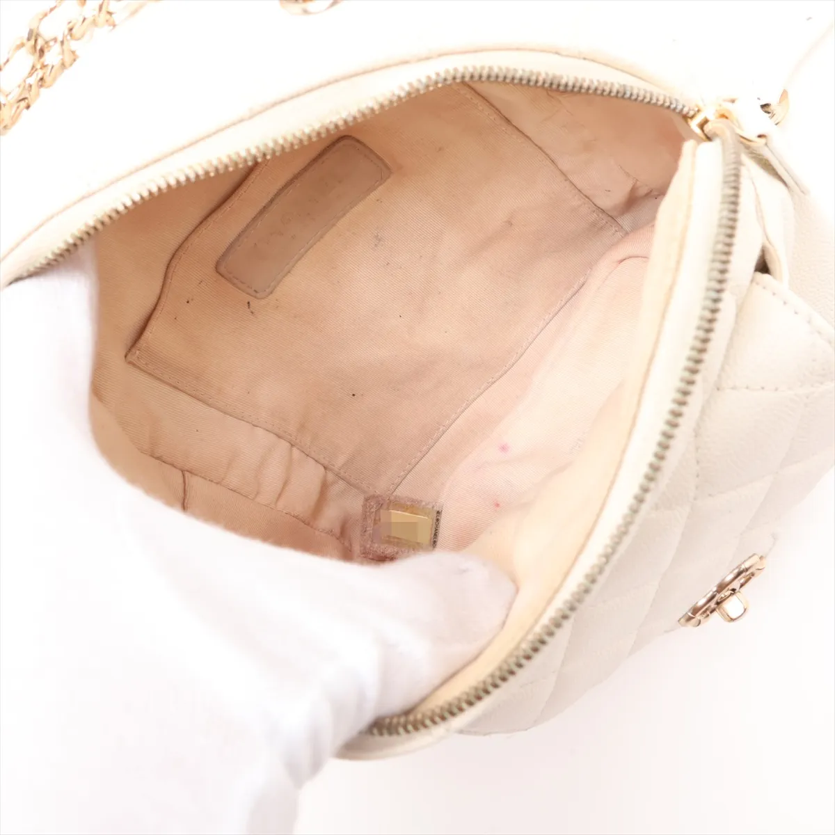 Matelassé Caviar Skin Chain Backpack, White with Gold Hardware, 26924266 (Serial Number 26) — view 7