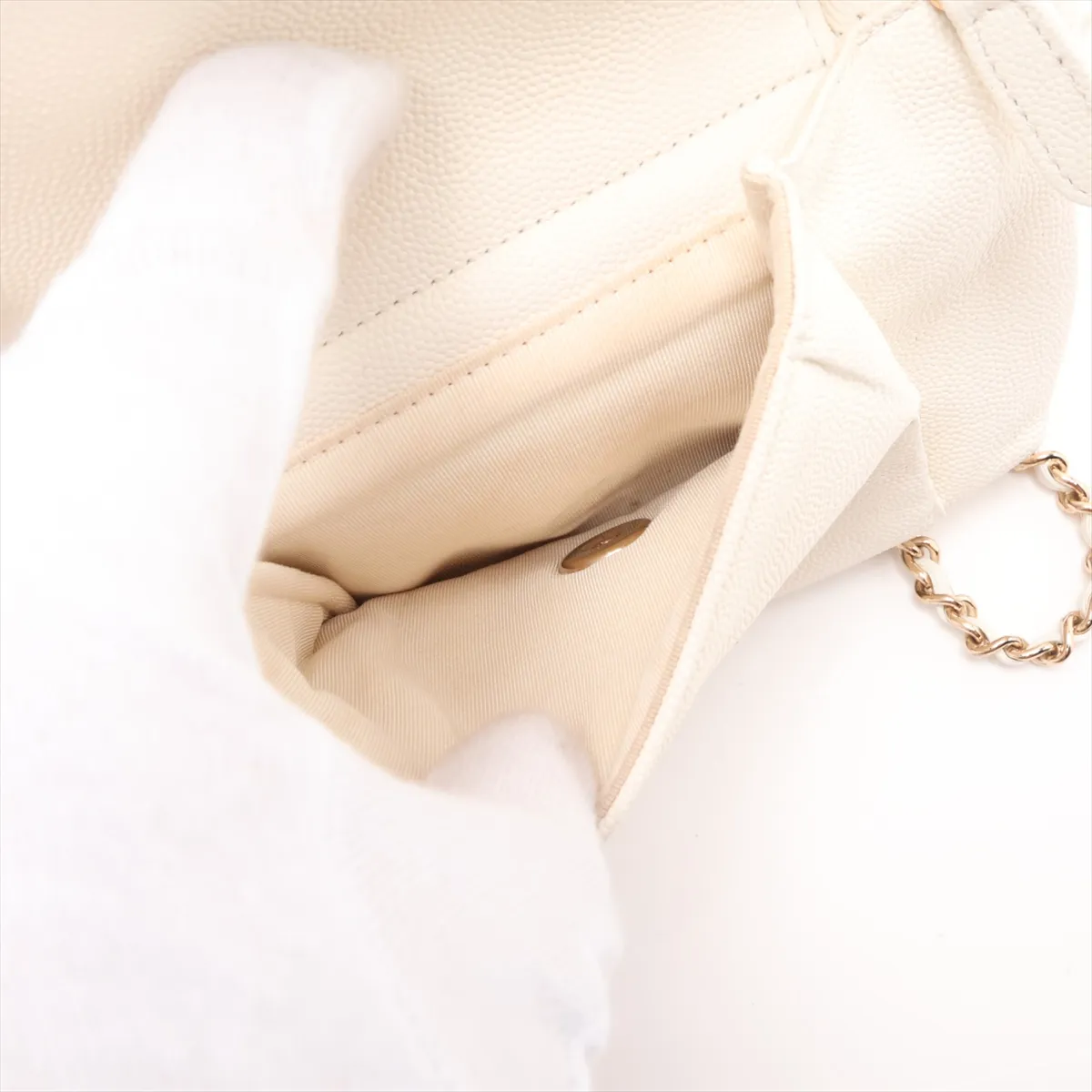Matelassé Caviar Skin Chain Backpack, White with Gold Hardware, 26924266 (Serial Number 26) — view 9