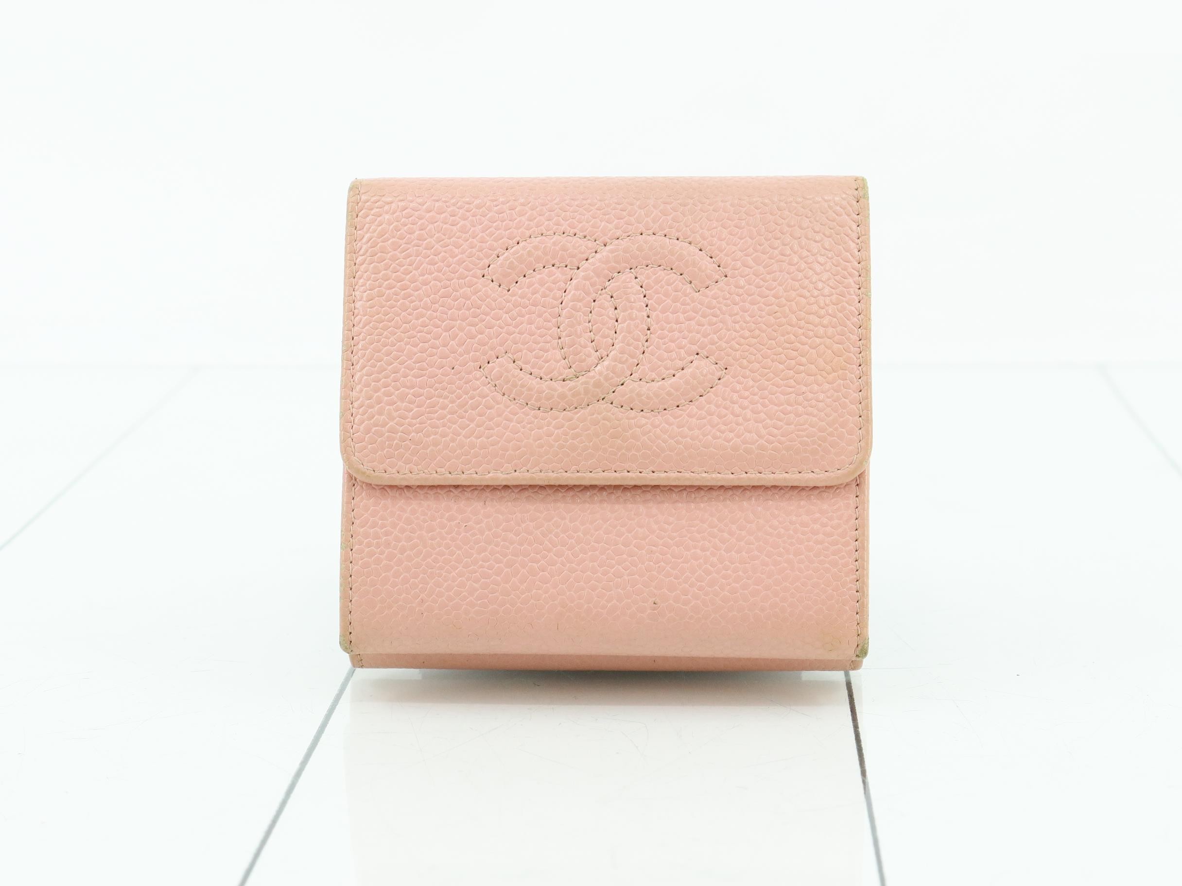 Double snap closure small wallet, caviar leather, includes card slots, stickers, and box.