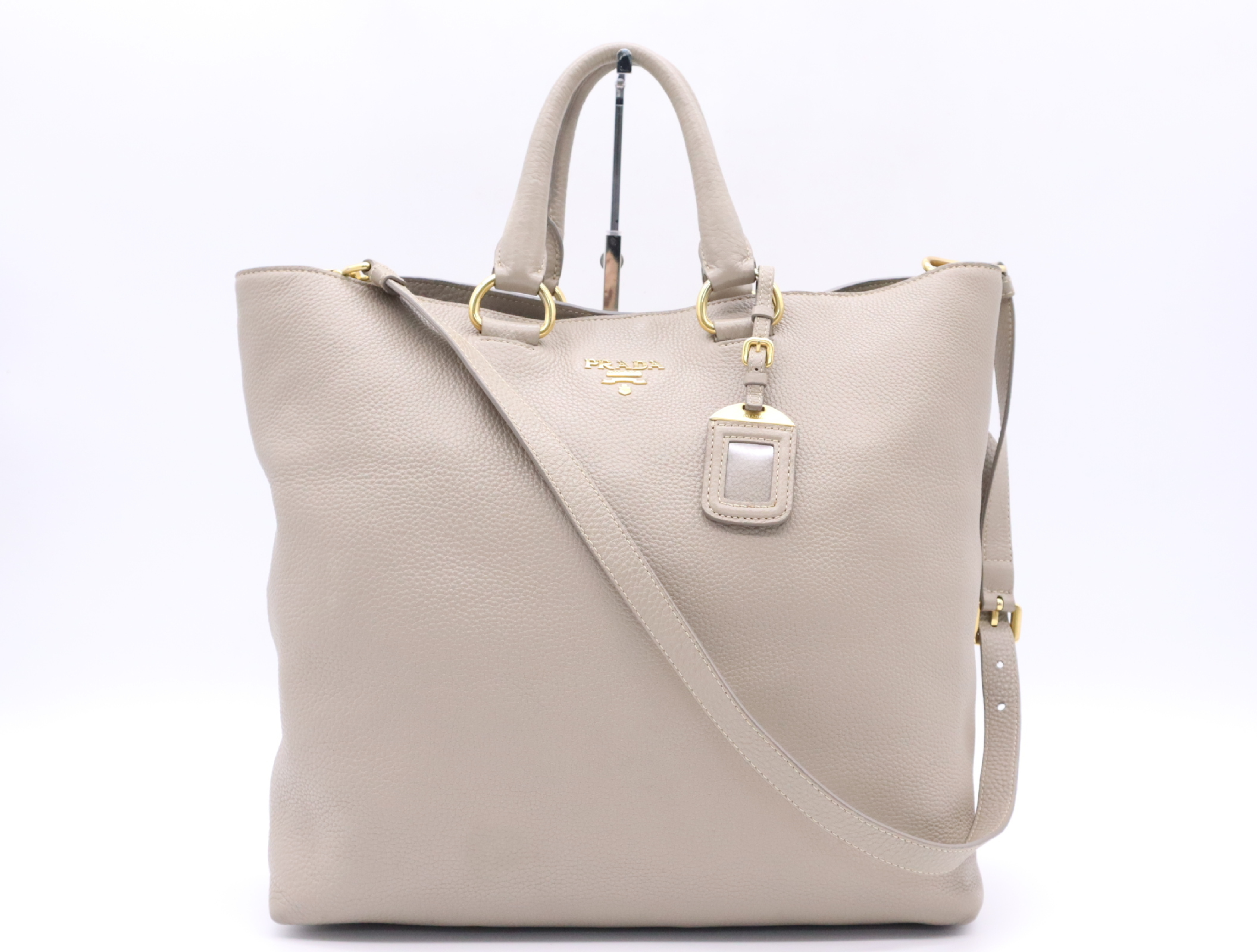 Leather 2-Way Handbag with Shoulder Strap and Name Tag, Gray with Gold Hardware