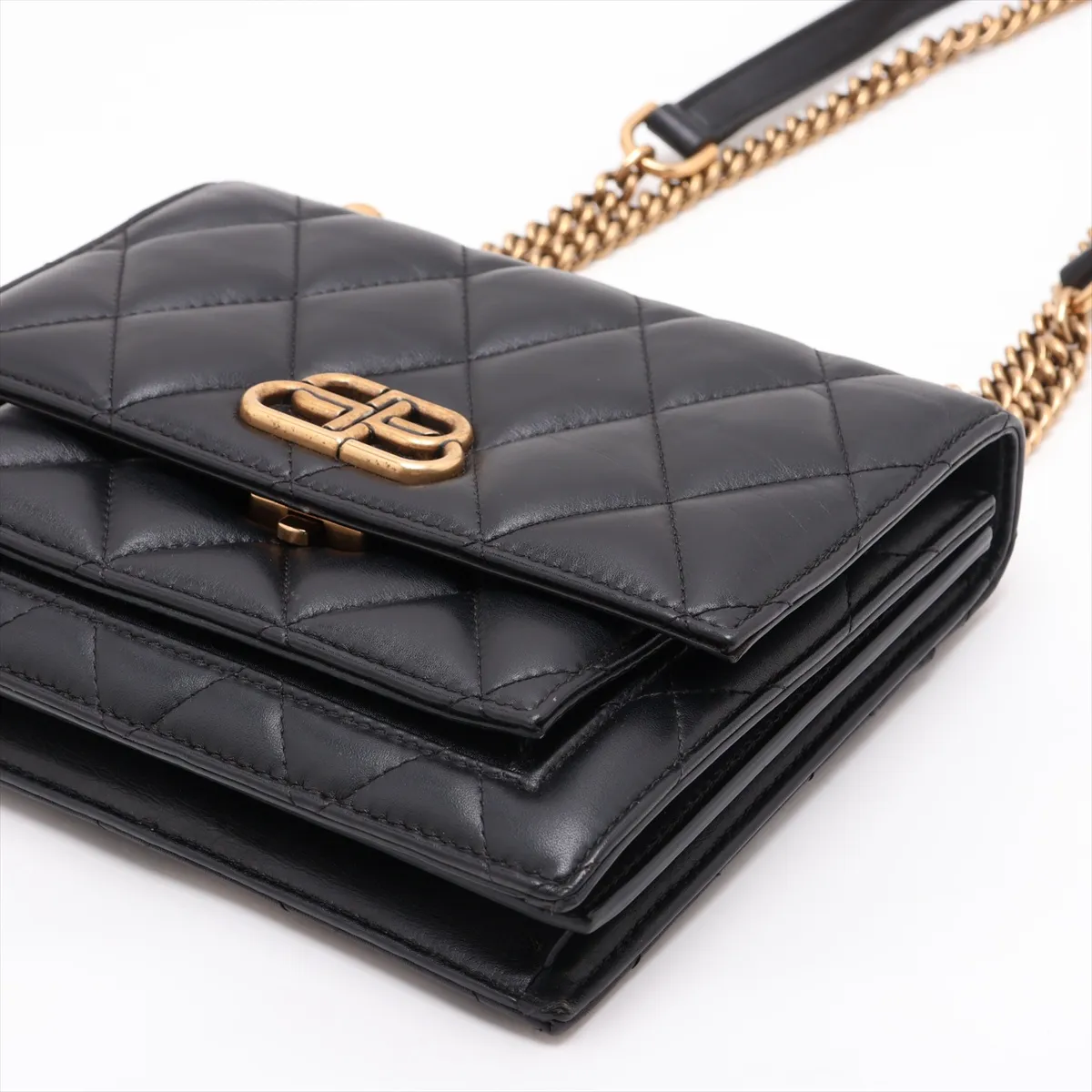 Satchel Leather Chain Shoulder Bag, Black, 580641 — view 3