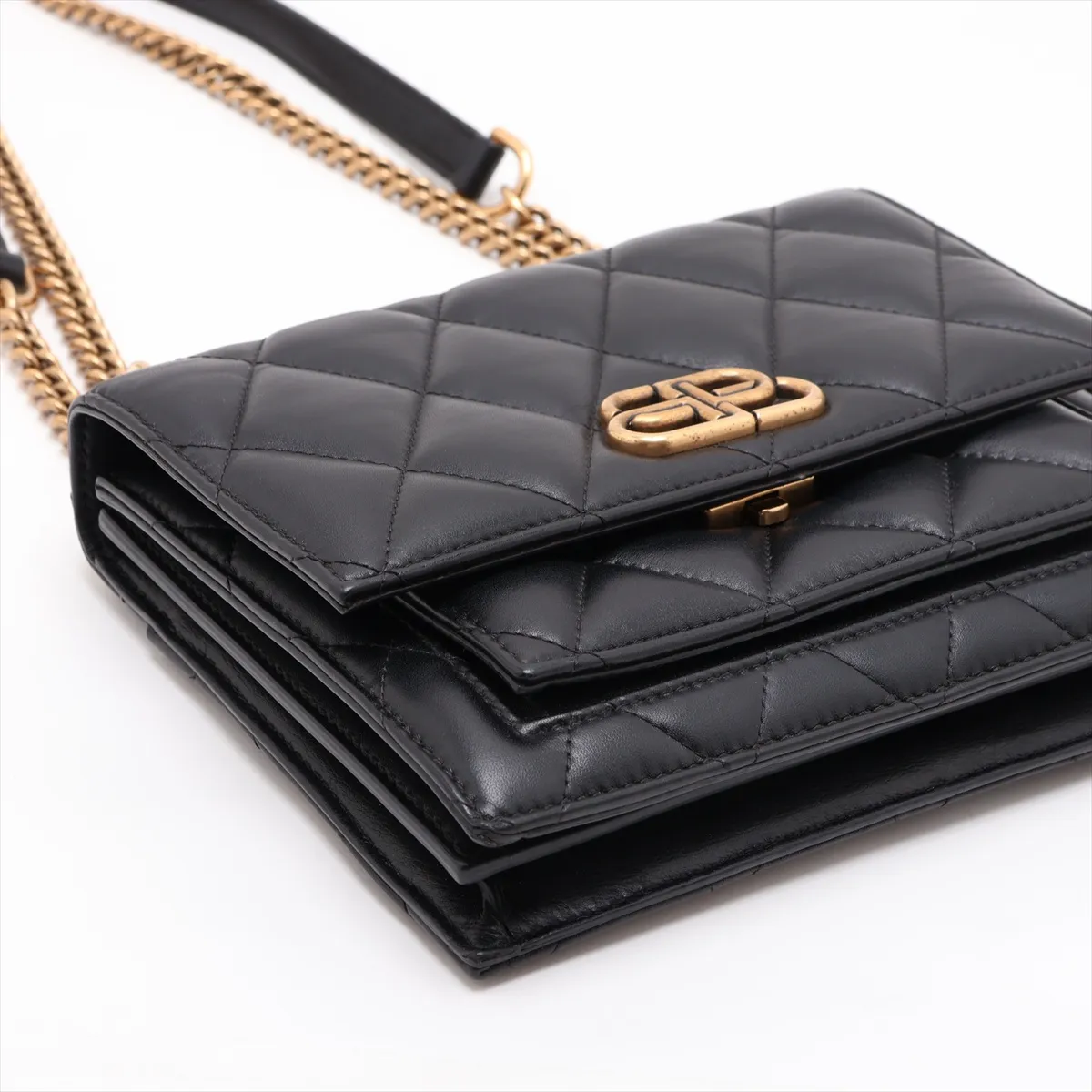 Satchel Leather Chain Shoulder Bag, Black, 580641 — view 4