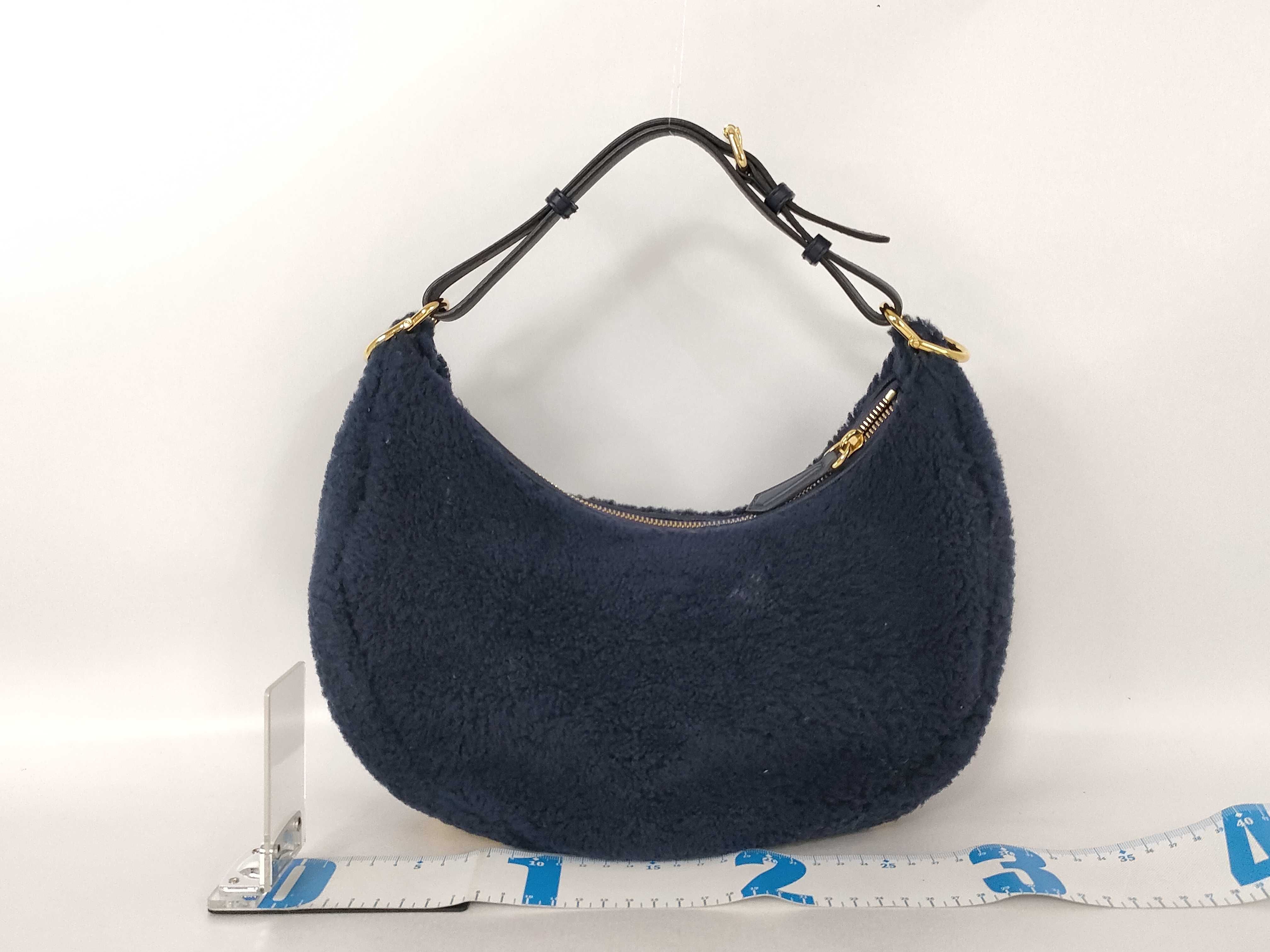 Shearling Hobo Bag with Metal Logo, Navy, One-Shoulder Bag, Shoulder Bag, Handbag — view 2