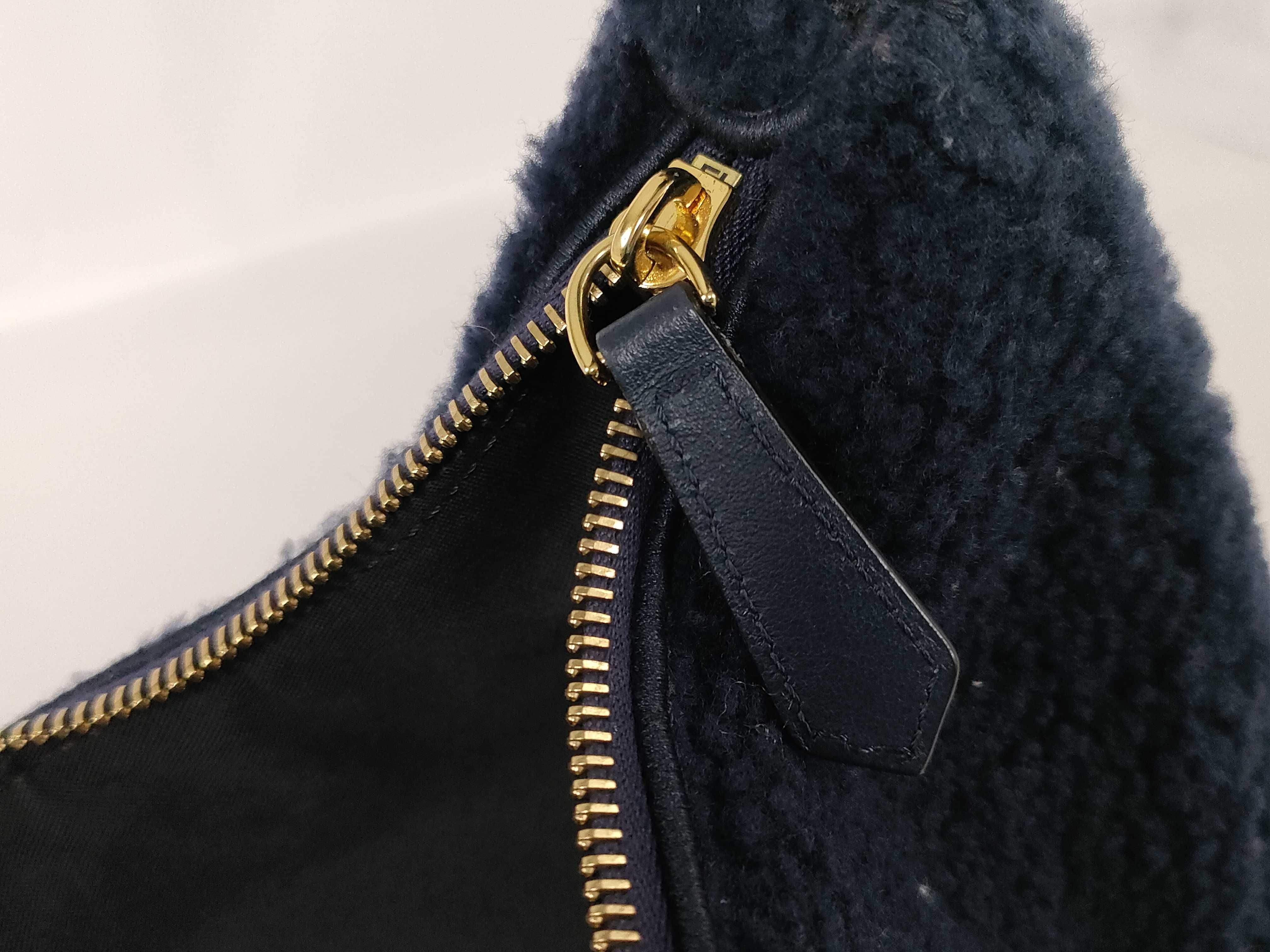 Shearling Hobo Bag with Metal Logo, Navy, One-Shoulder Bag, Shoulder Bag, Handbag — view 12