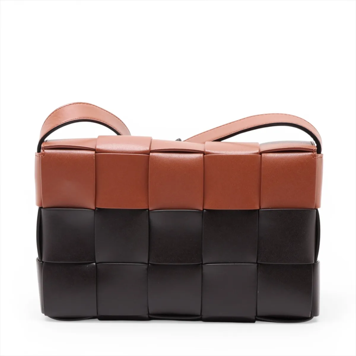 Maxi Intrecciato Cassette Leather Shoulder Bag, Black x Brown — view 2