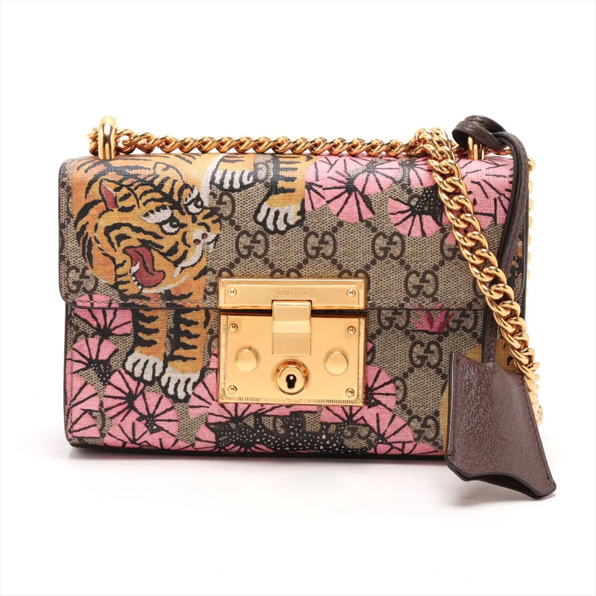 Tian Padlock PVC x Leather Chain Shoulder Bag, Beige, 409487