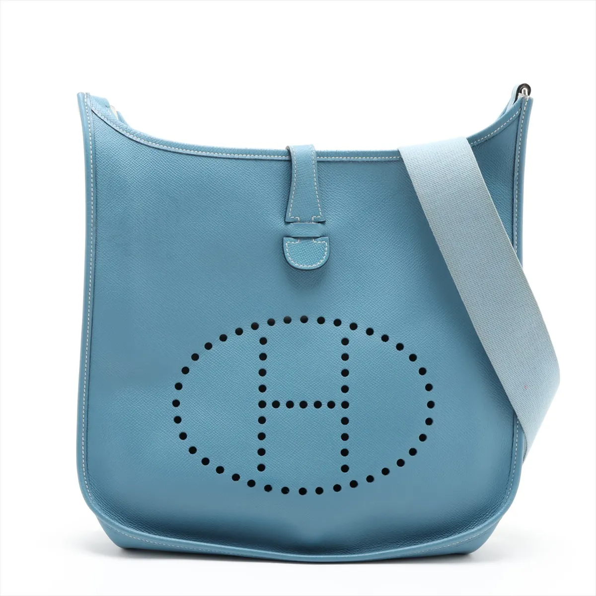 Evelyne 1 29 PM, Veau Epsom leather, Blue Jean color, silver hardware, faint engraving.