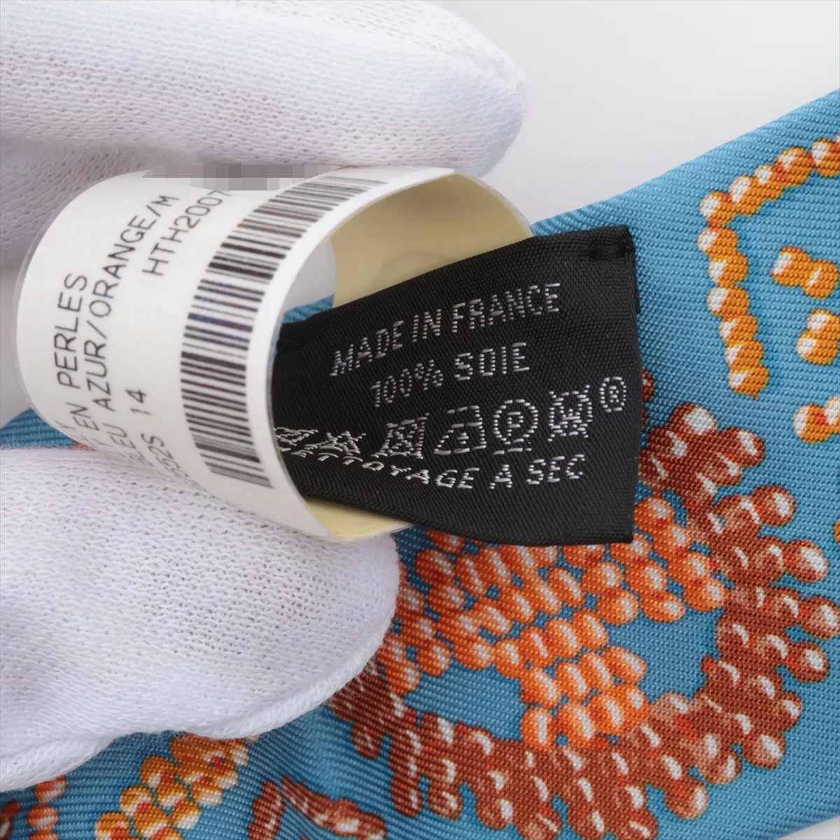 Twilly KELLY EN PERLES (Kelly En Perles) Scarf, Silk, Blue Azur, Slightly Snagged, with Paper Tag. — view 3
