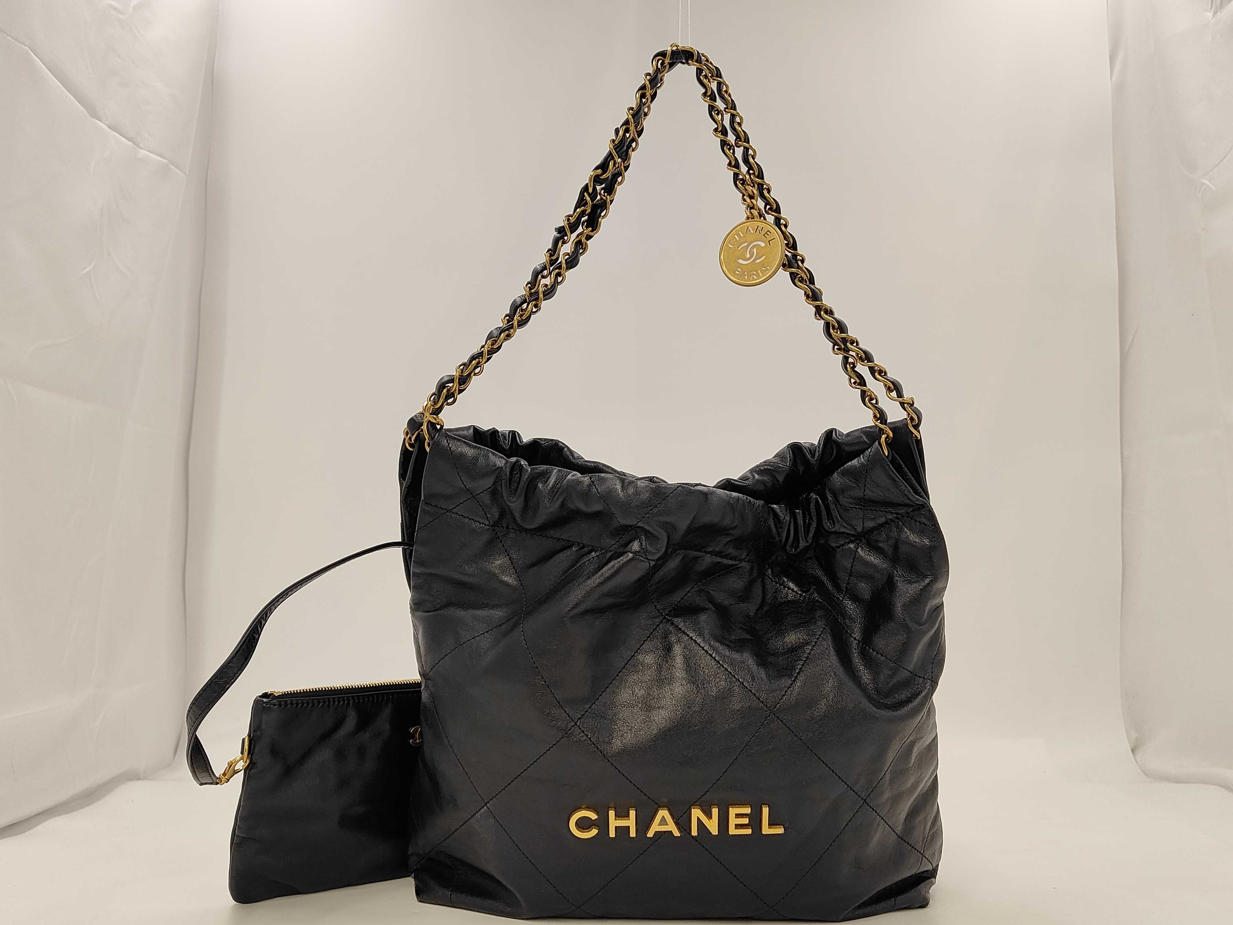 Chanel22 Handbag Medium Black Shiny Calfskin Random AS3264 Pouch Shoulder Bag