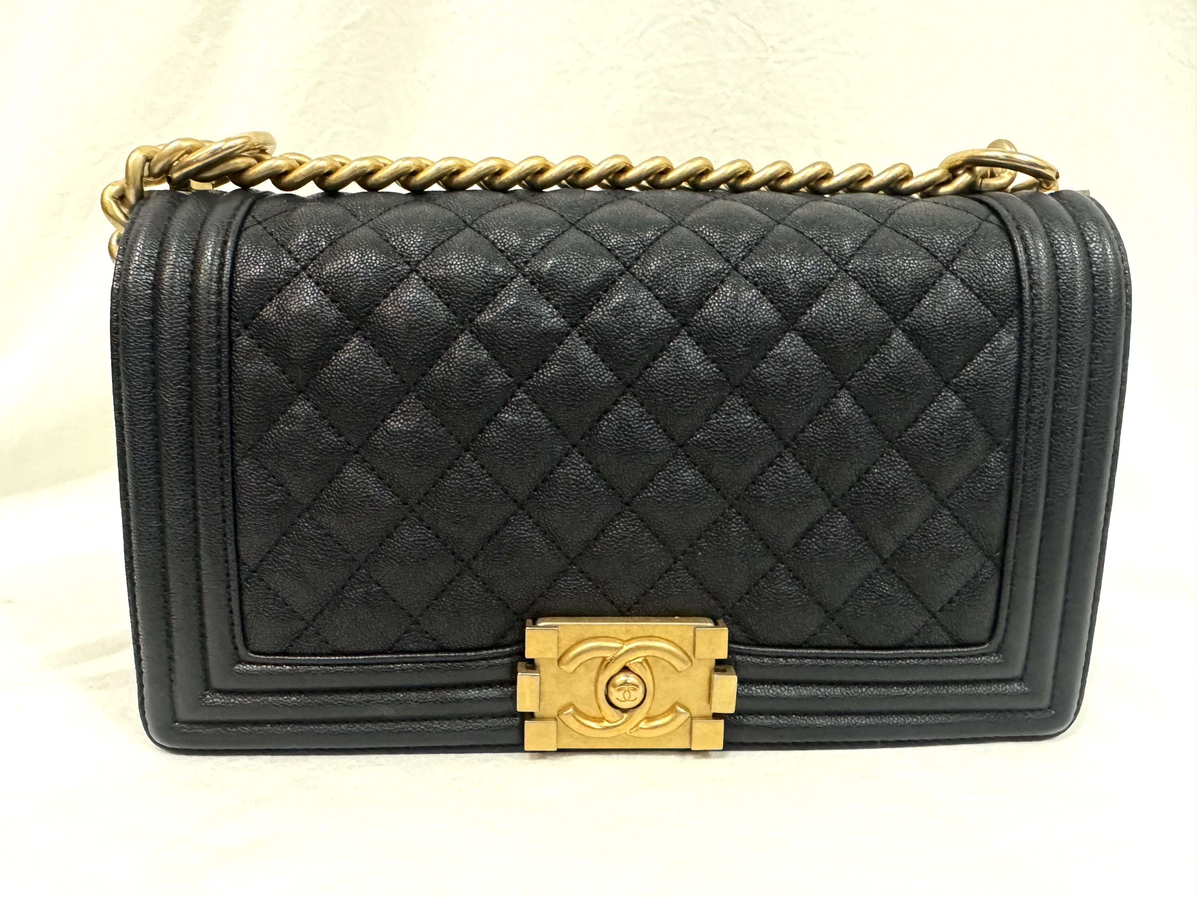 Caviar Skin Boy Chanel 25 Medium Dark Navy Vintage Gold Hardware Chain Shoulder Bag — view 2
