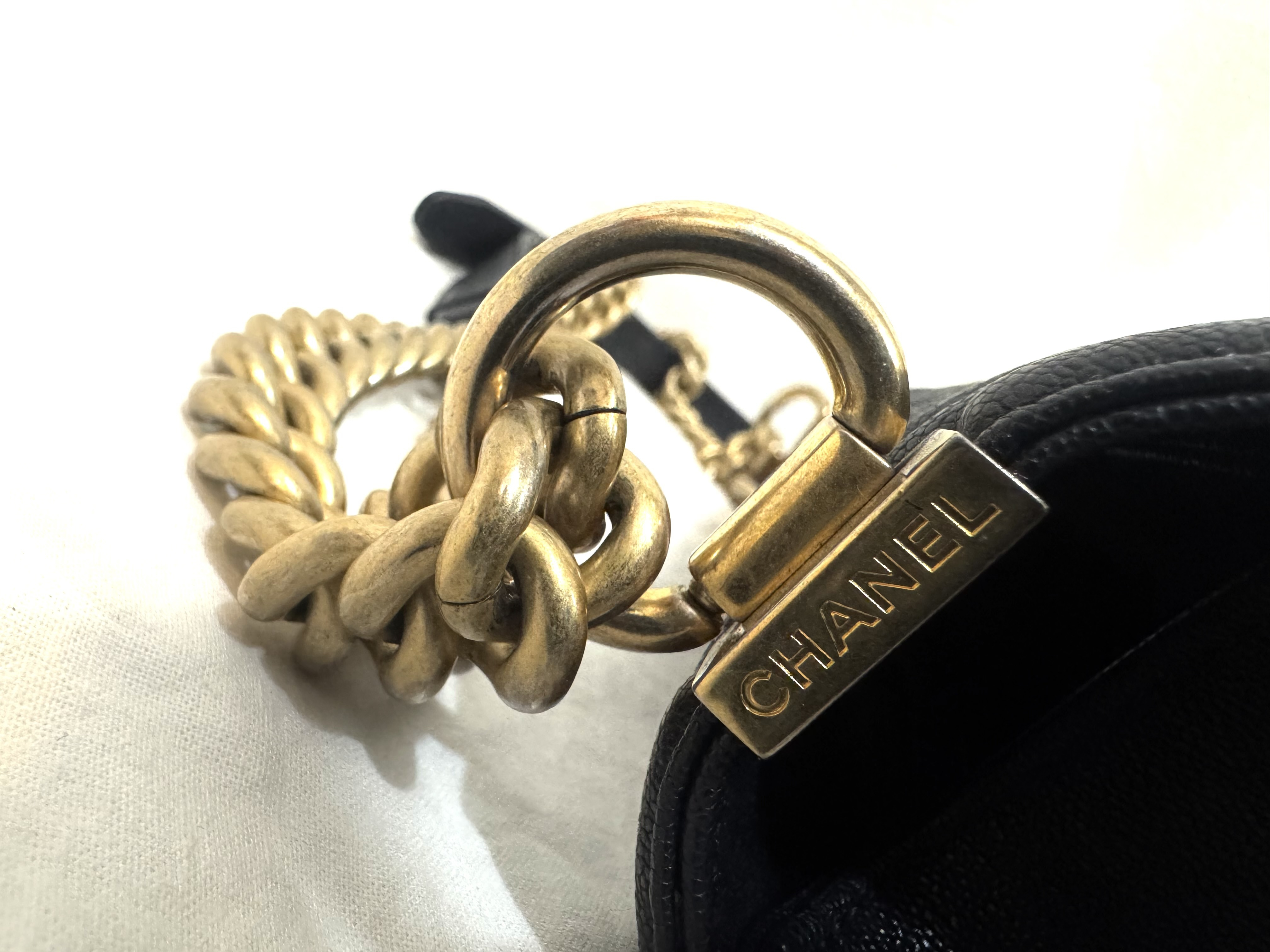 Caviar Skin Boy Chanel 25 Medium Dark Navy Vintage Gold Hardware Chain Shoulder Bag — view 12