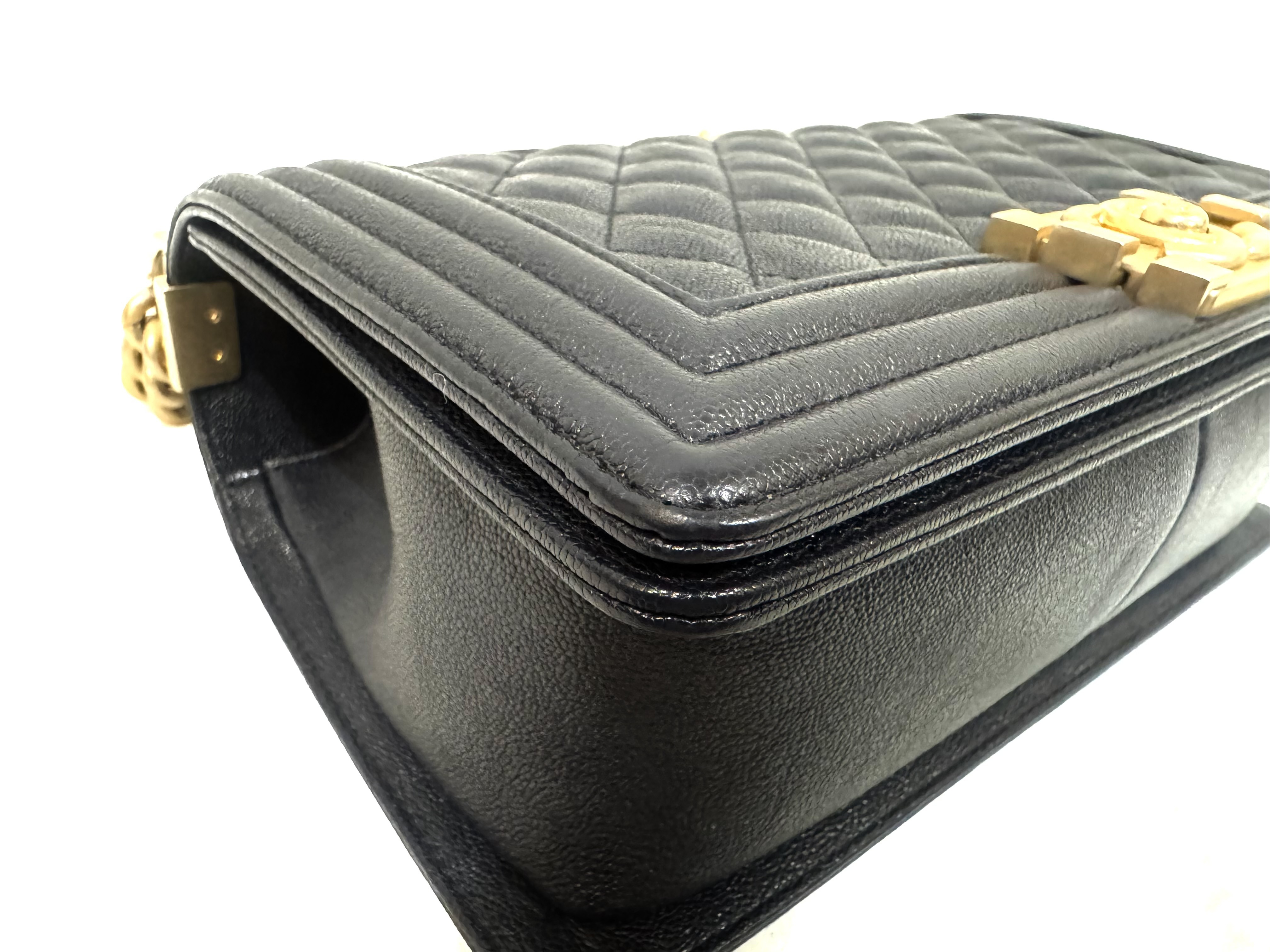 Caviar Skin Boy Chanel 25 Medium Dark Navy Vintage Gold Hardware Chain Shoulder Bag — view 8