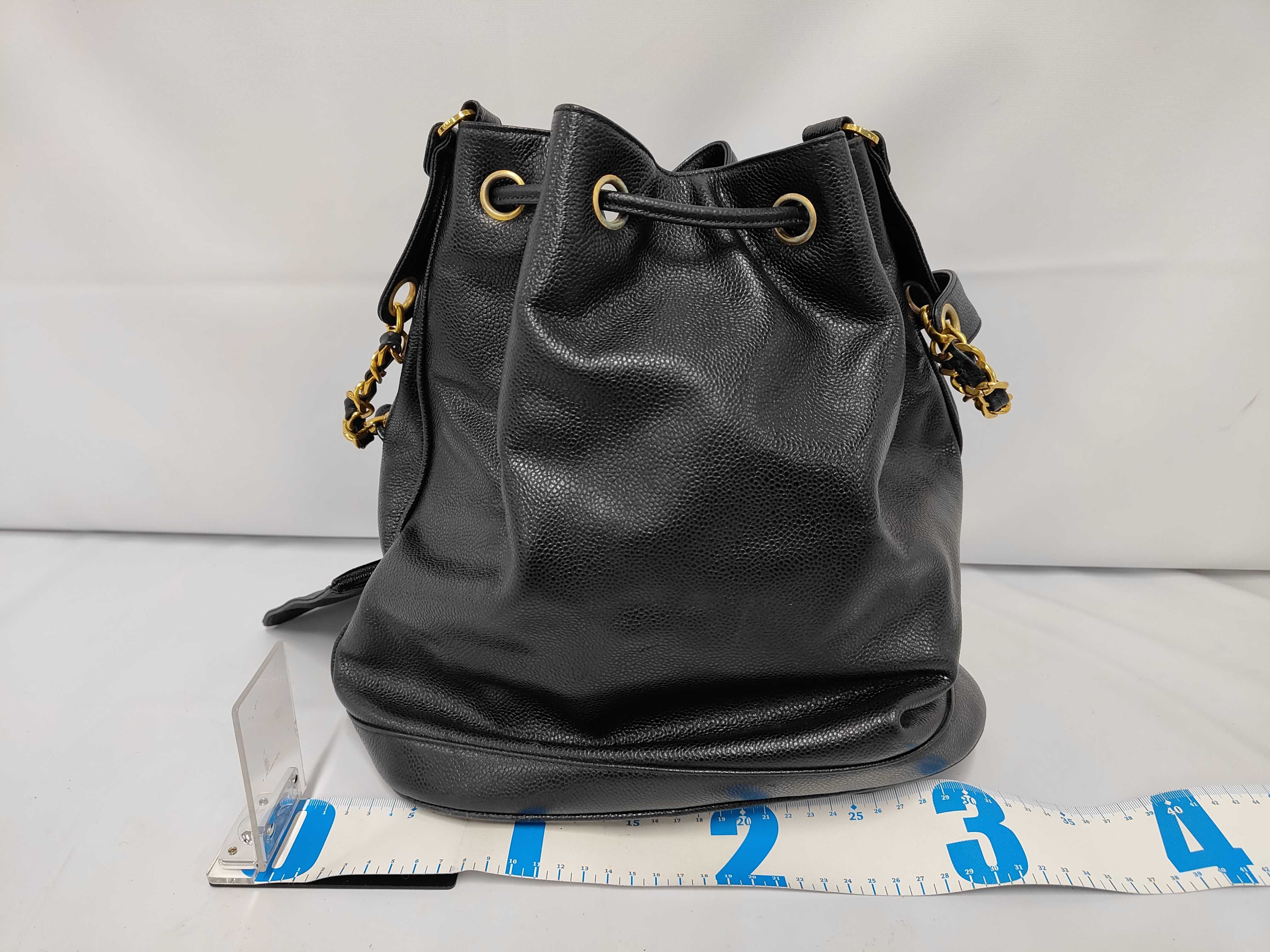 Vintage Drawstring Bag, Black Caviar Leather Shoulder Bag — view 2