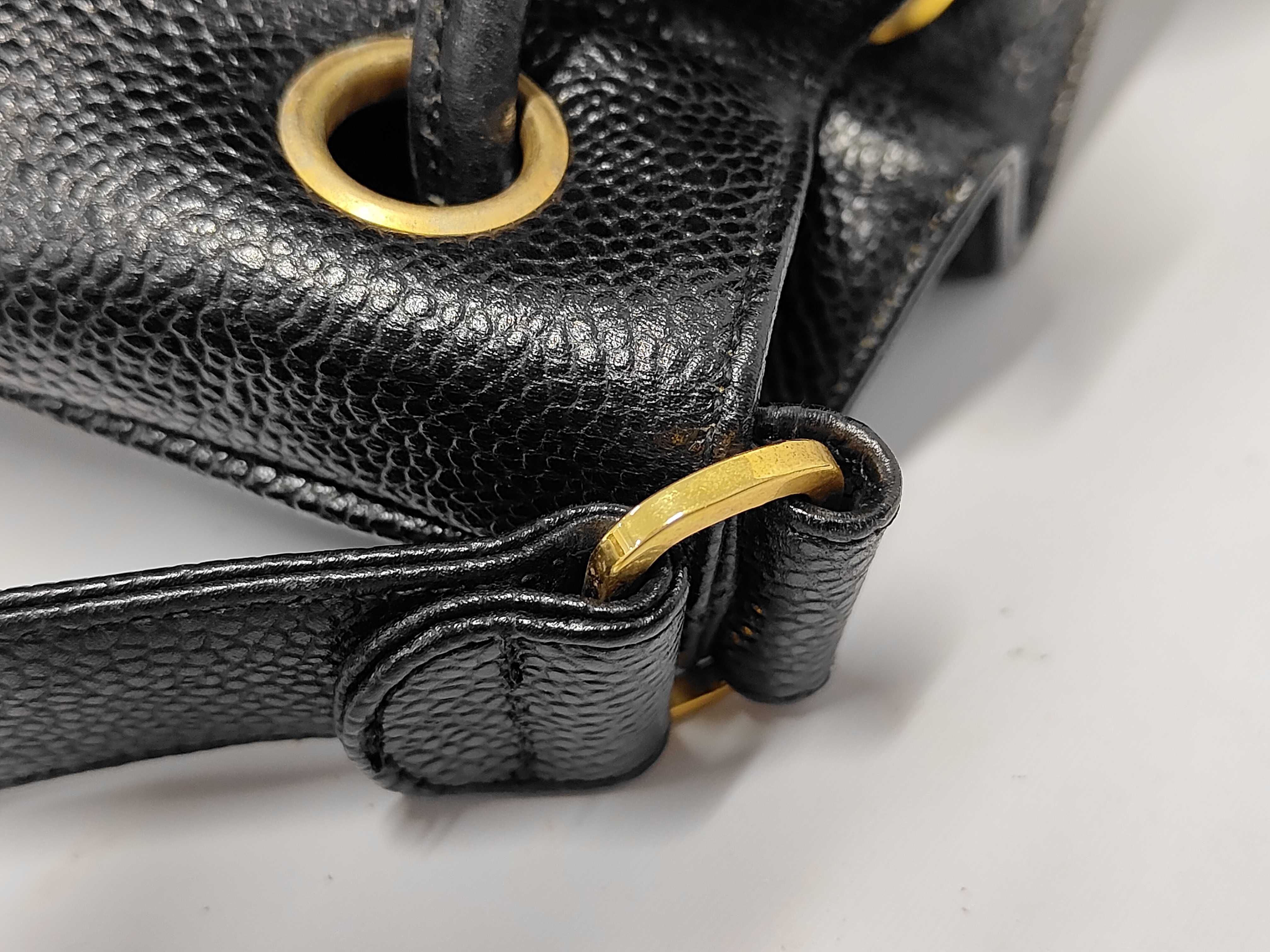 Vintage Drawstring Bag, Black Caviar Leather Shoulder Bag — view 7