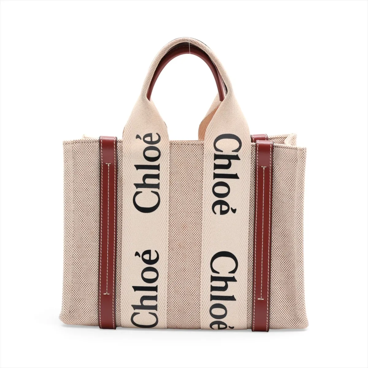 Woody Small Canvas and Leather Tote Bag, Beige x Brown — view 2