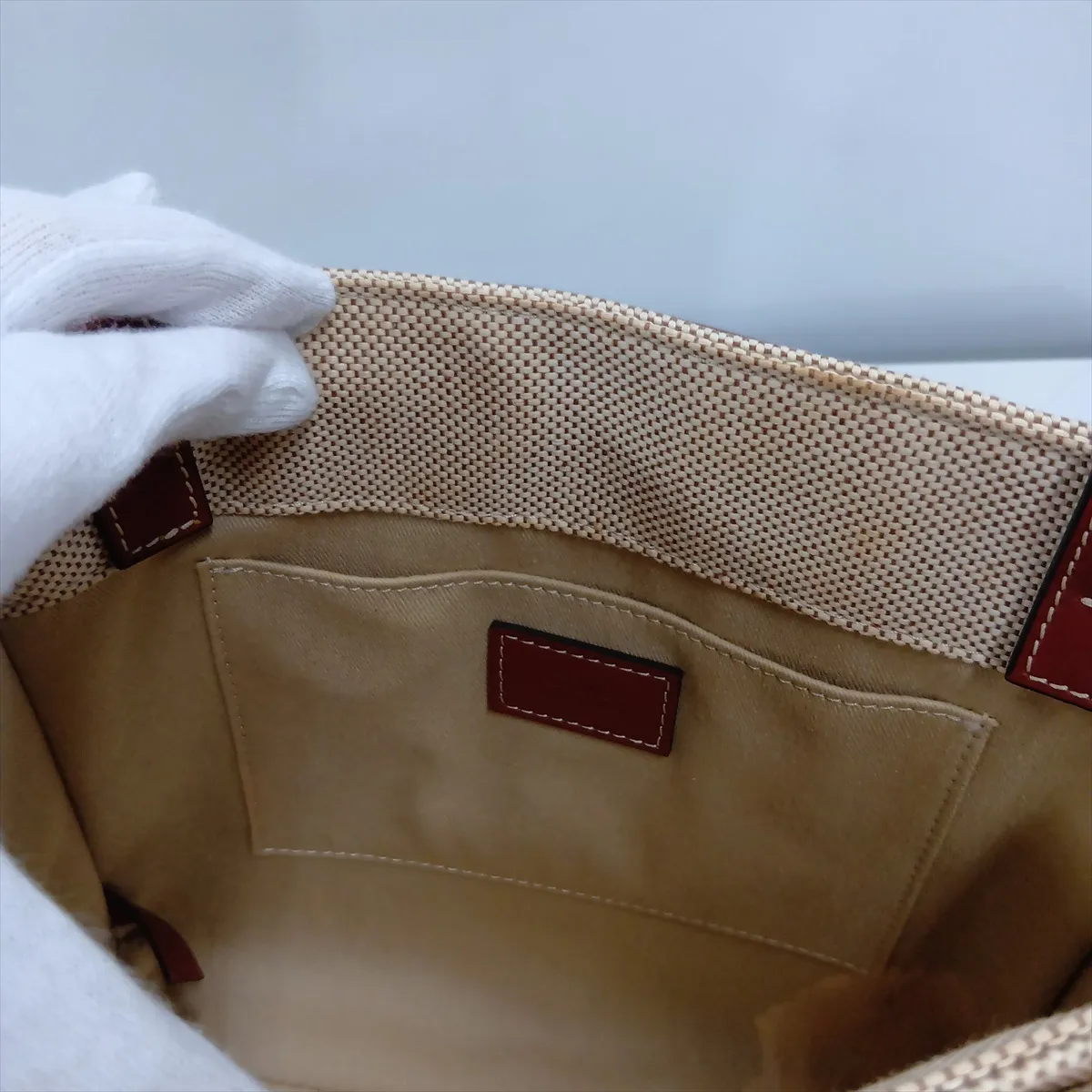 Woody Small Canvas and Leather Tote Bag, Beige x Brown — view 12