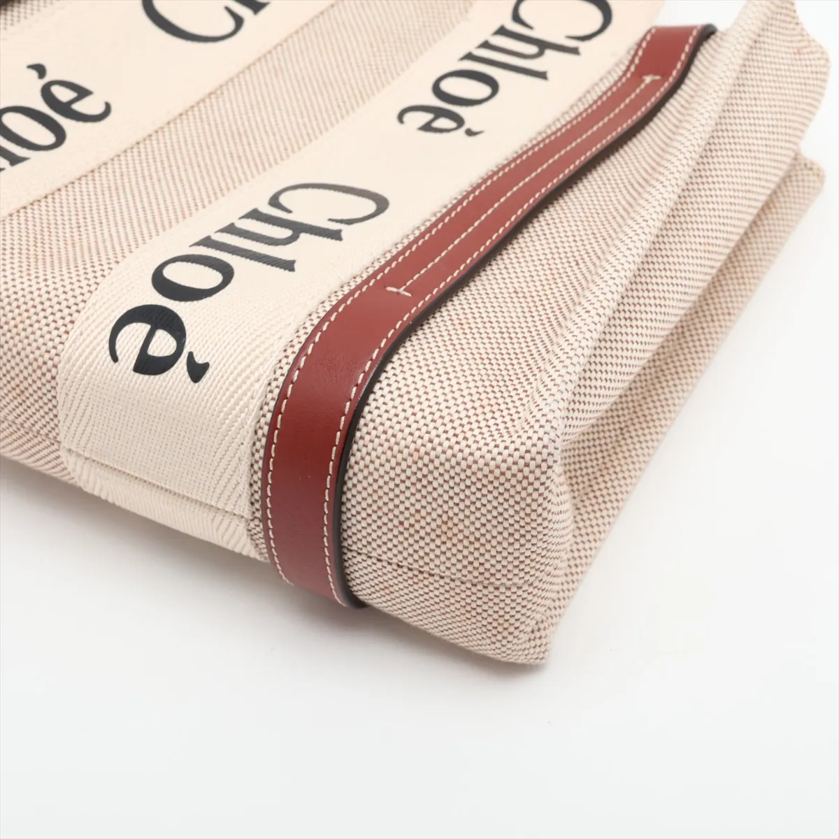 Woody Small Canvas and Leather Tote Bag, Beige x Brown — view 3