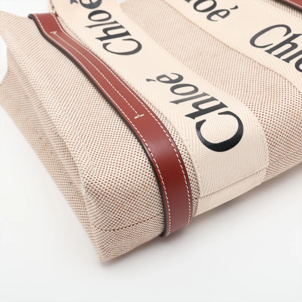 Woody Small Canvas and Leather Tote Bag, Beige x Brown — view 4