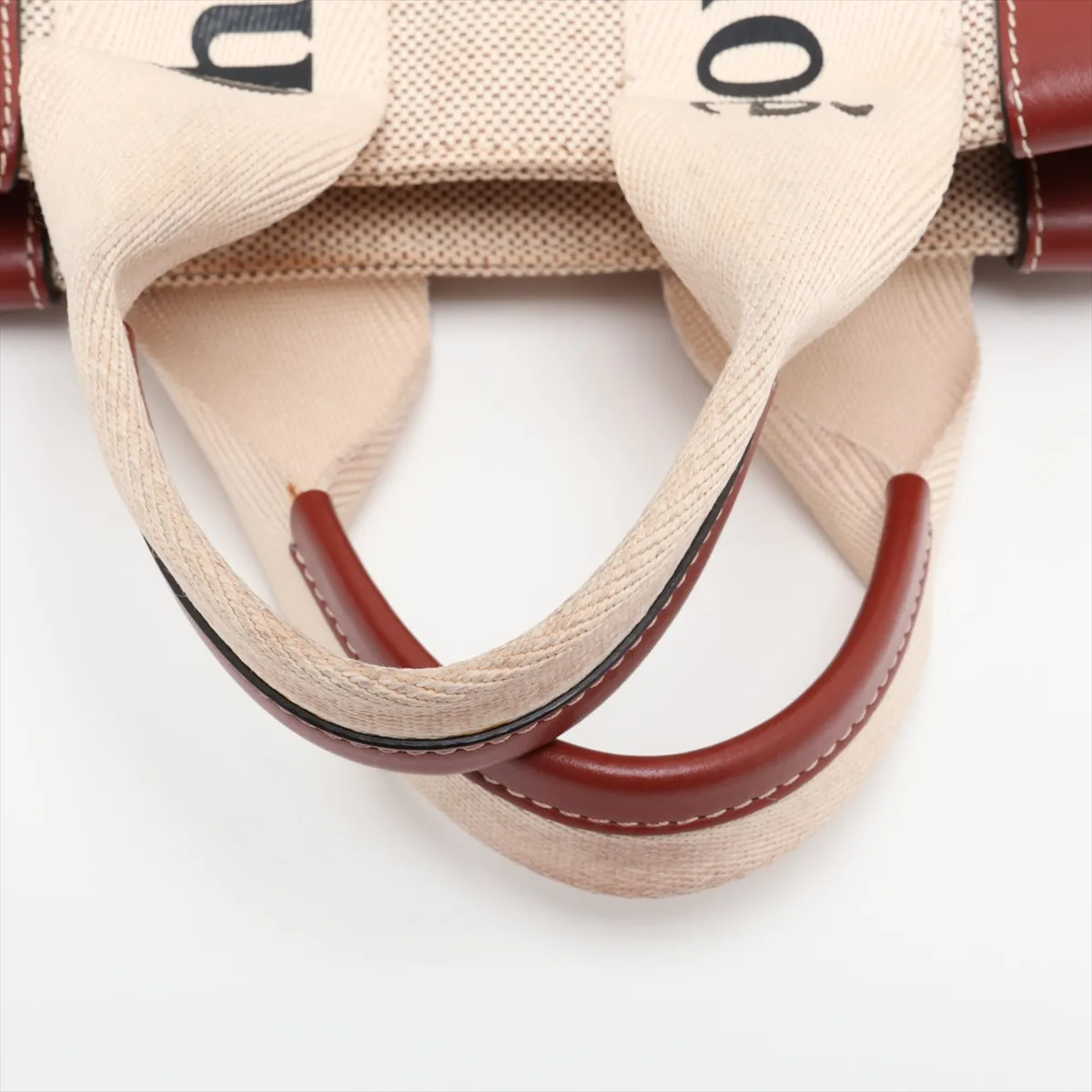 Woody Small Canvas and Leather Tote Bag, Beige x Brown — view 5