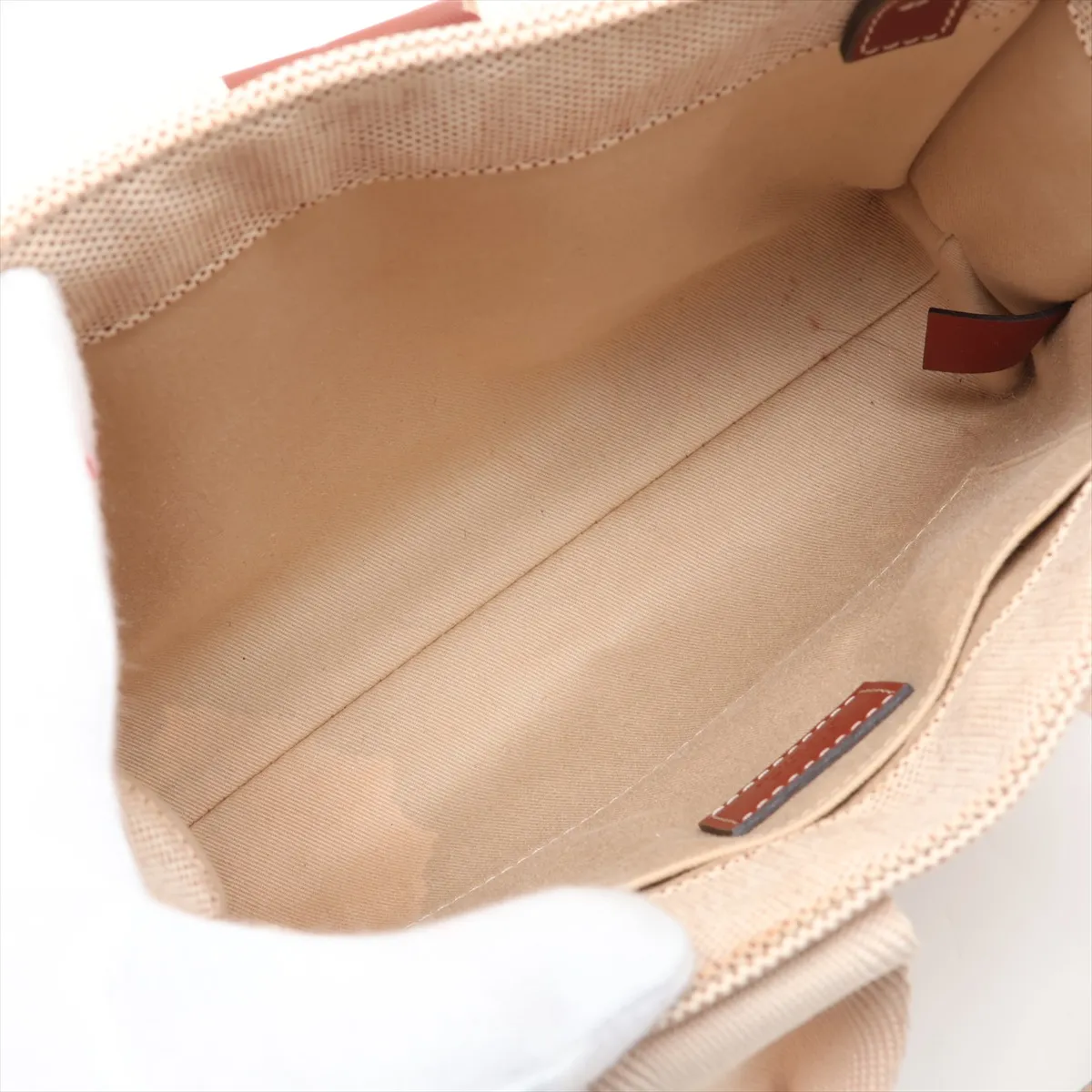 Woody Small Canvas and Leather Tote Bag, Beige x Brown — view 7